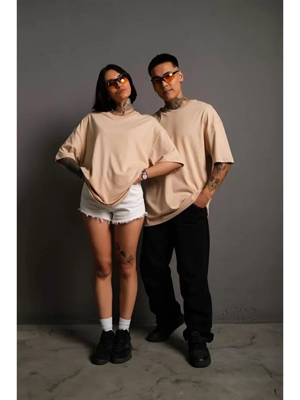 Erkek 24/1 Düz A Kalite Oversize T-shirt - Bej-2