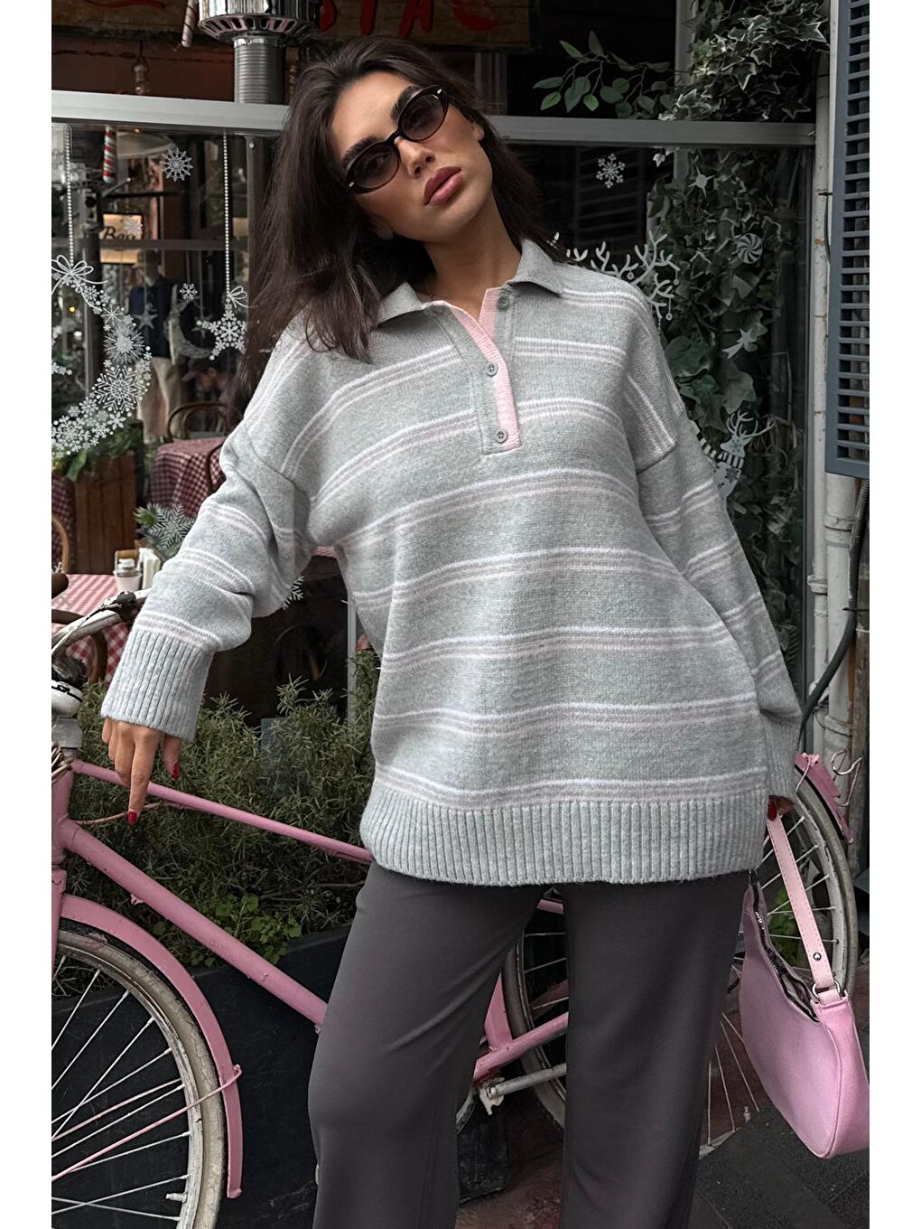 Gri Çizgili Düğmeli Polo Yaka Kazak Mg2357-2