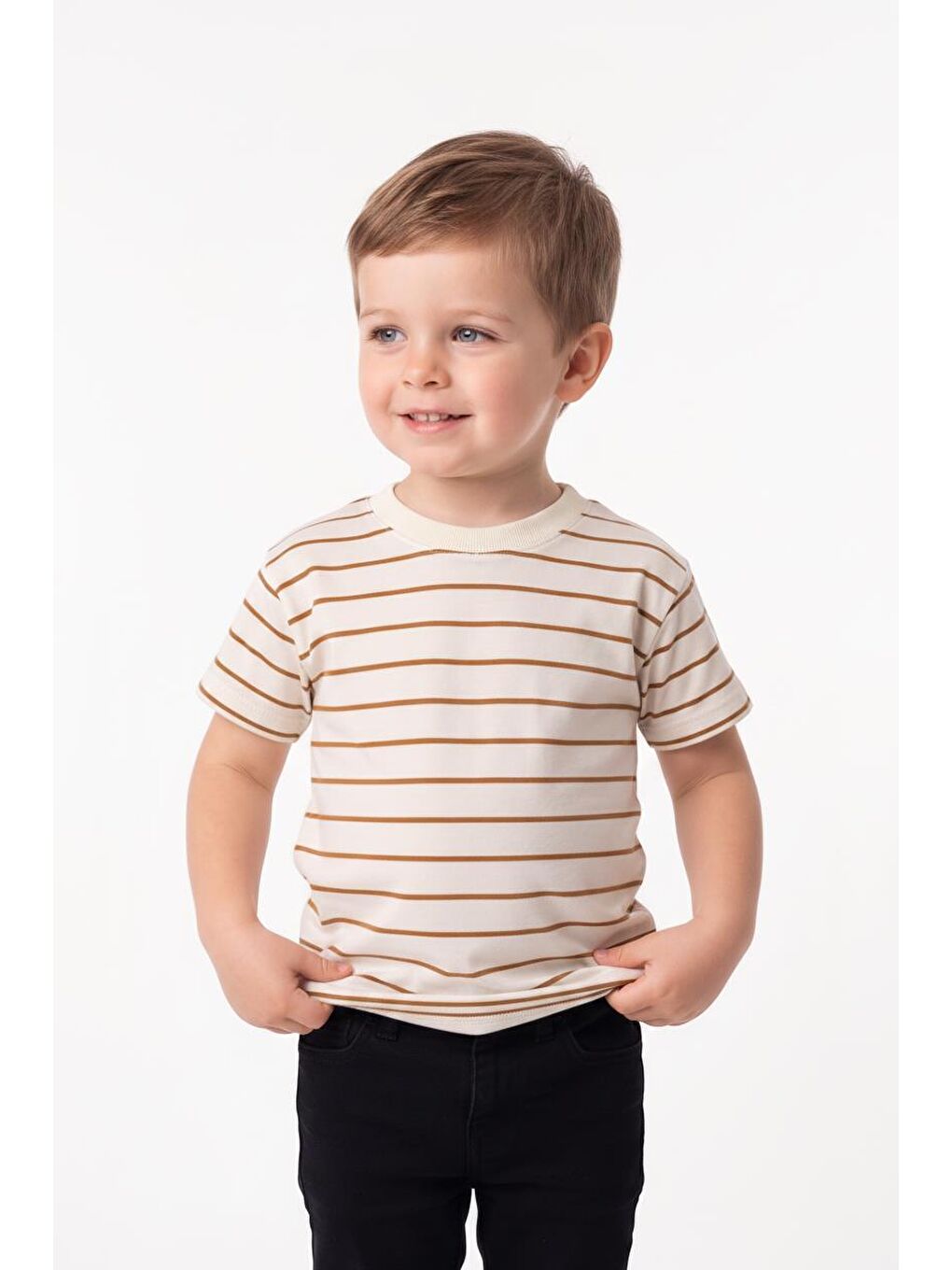 Sarı Elastanlı Kabartma Çizgili 2li Tişört Paket-4