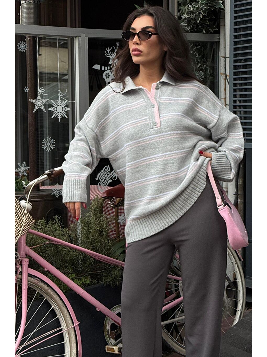 Gri Çizgili Düğmeli Polo Yaka Kazak Mg2357-4