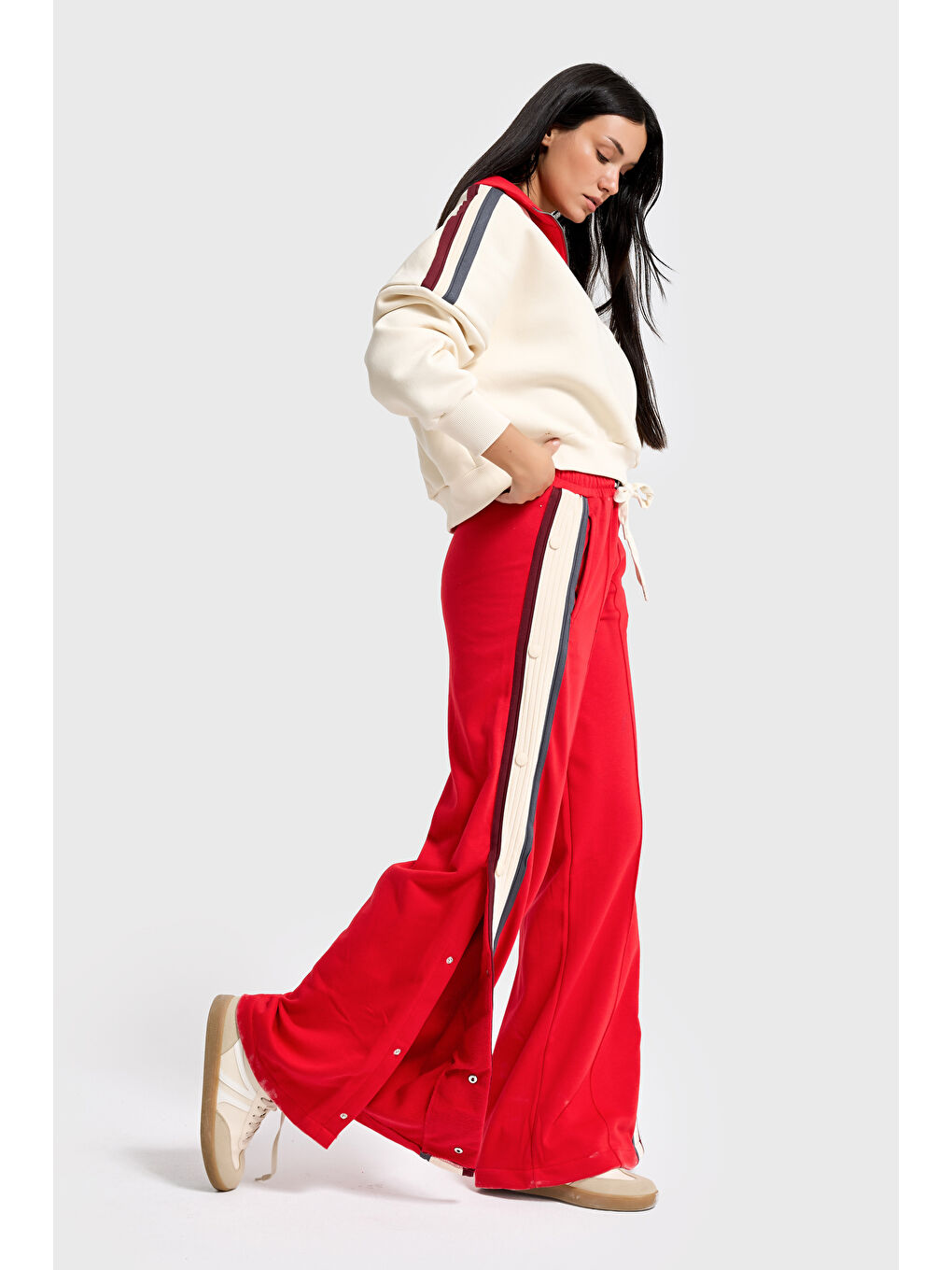 Kadın Kırmızı Bej w5-105 Sweatshirt Eşofman Pantolon 2'li Tasarım Takım-1