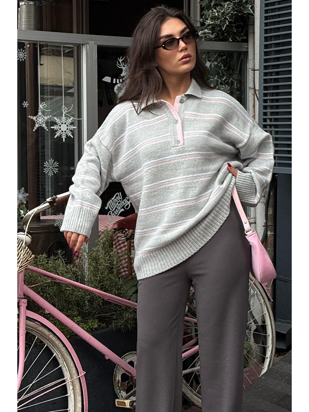 Gri Çizgili Düğmeli Polo Yaka Kazak Mg2357-6