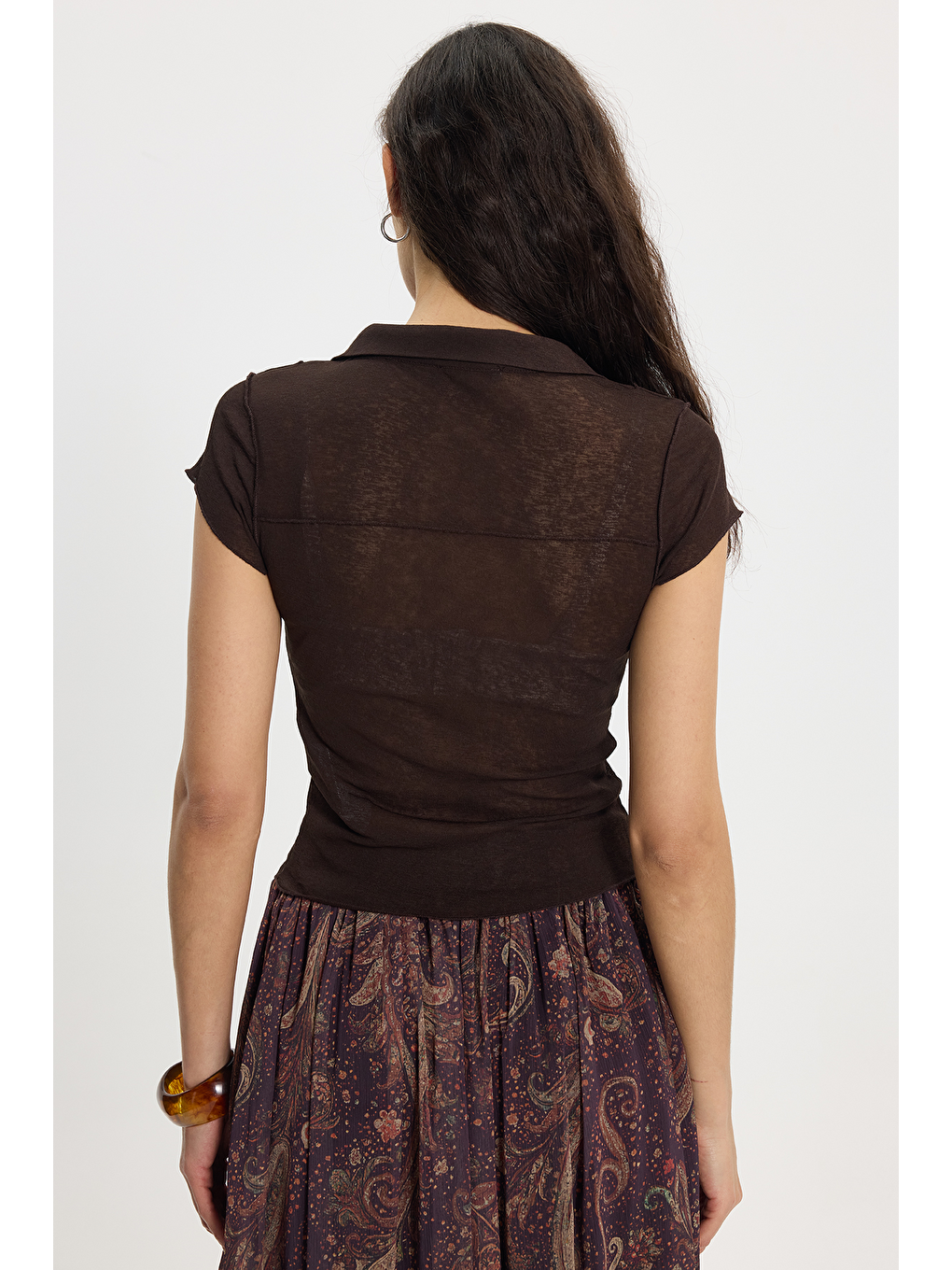 Kahverengi Kadın Slim Fit Dar Kesim Kısa Kollu Gömlek Yaka Koyu Kahve Gömlek-6