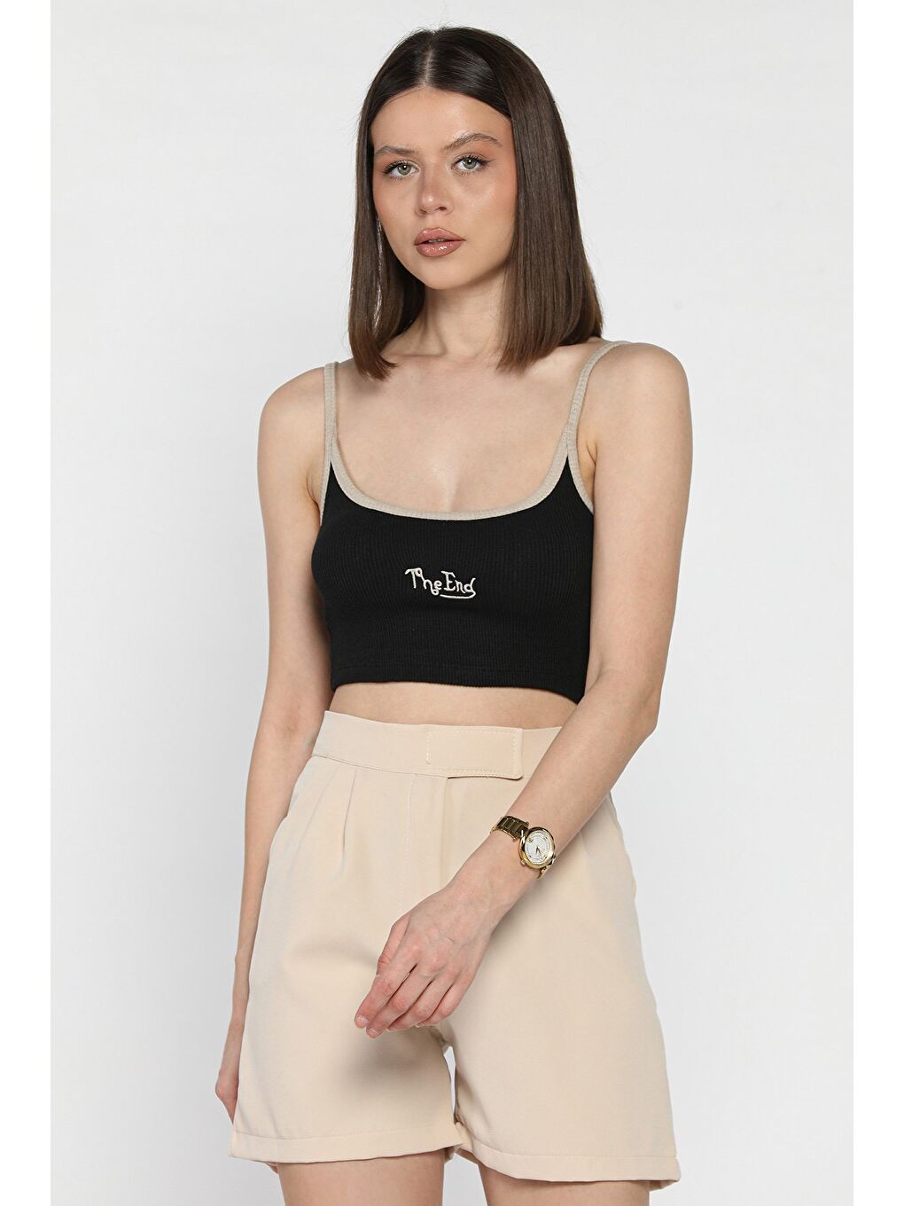 Siyah İp Askılı Nakışlı Crop Top Kaşkorse Bluz (s-m-l Uyumludur)-1