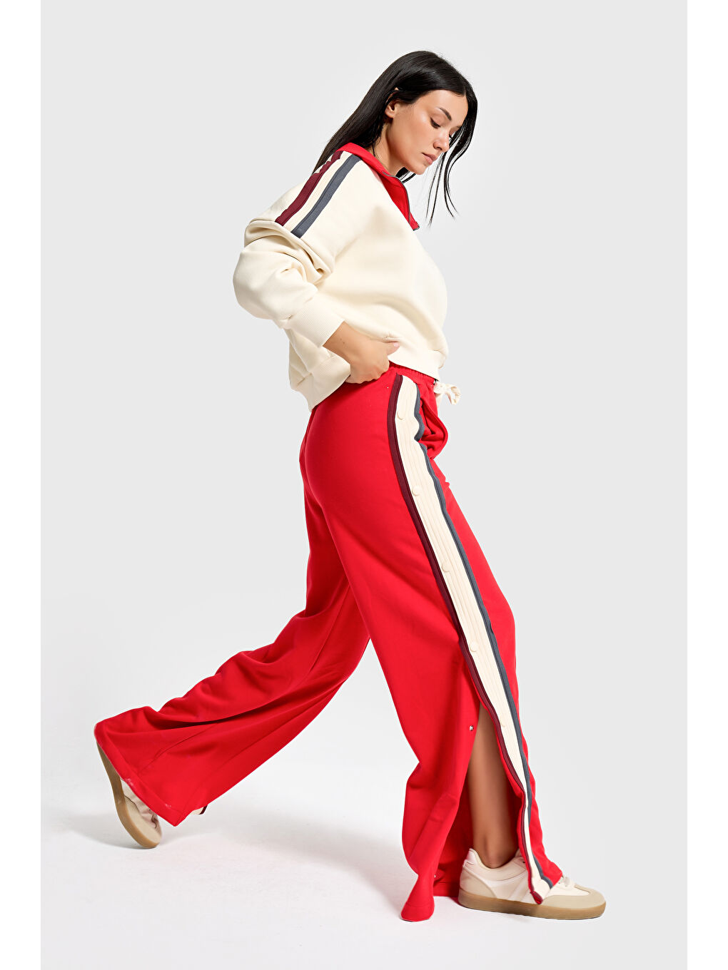 Kadın Kırmızı Bej w5-105 Sweatshirt Eşofman Pantolon 2'li Tasarım Takım-2