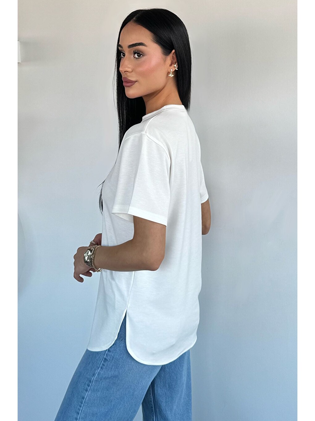 Ekru Kadın Bisiklet Yaka Basic Tişört-3