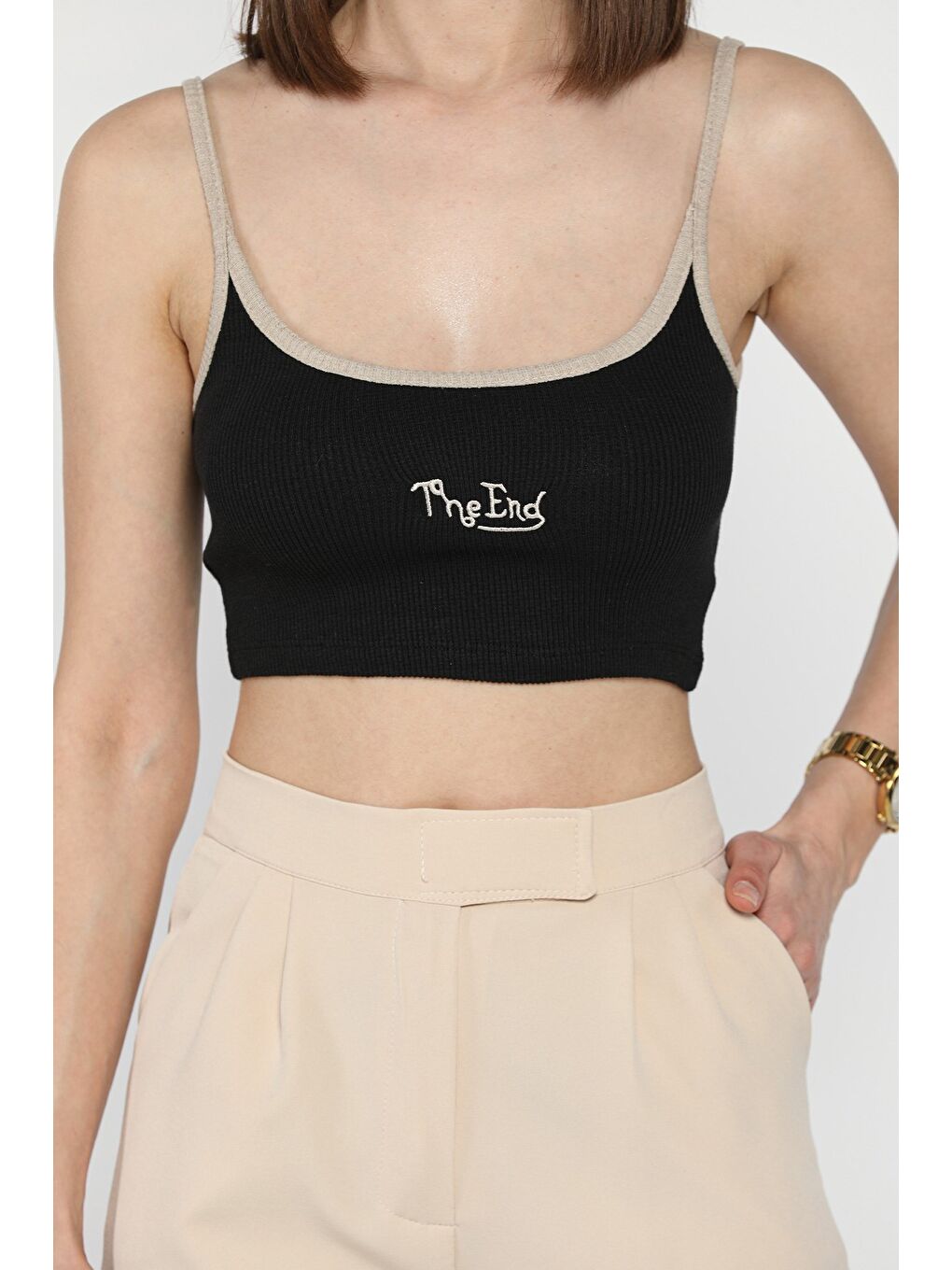 Siyah İp Askılı Nakışlı Crop Top Kaşkorse Bluz (s-m-l Uyumludur)-2