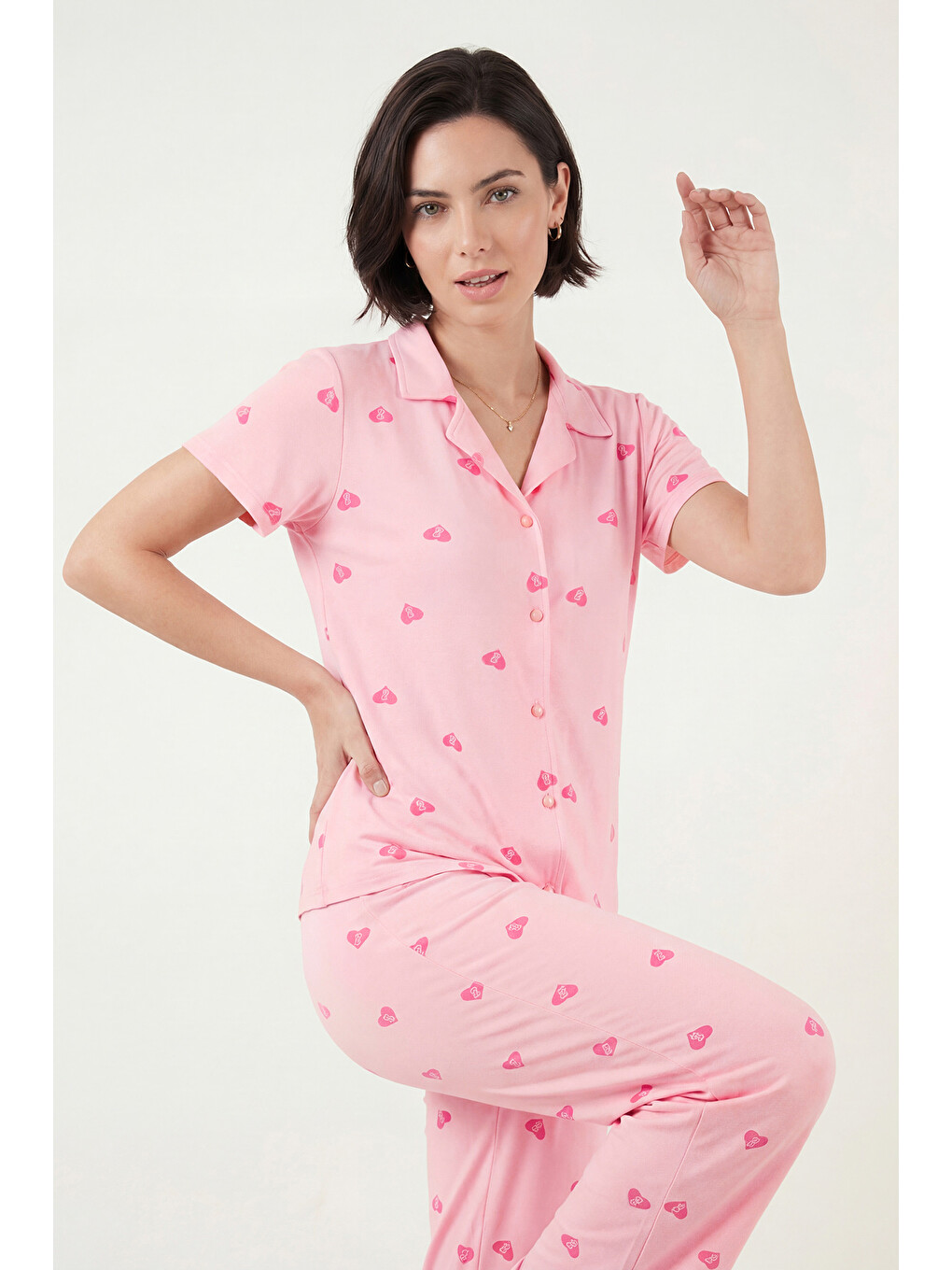 Pembe Desenli Yumuşak Dokulu Regular Fit Düğmeli Kısa Kollu Kadın Pijama Takımı 65750101Y-2