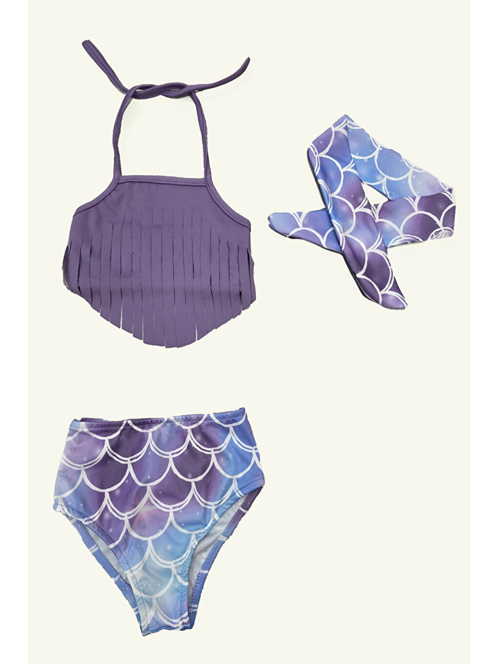 Lila Kız Çocuk Bandanalı Fırfırlı Mayo Takımı 3-8 Yaş 12259