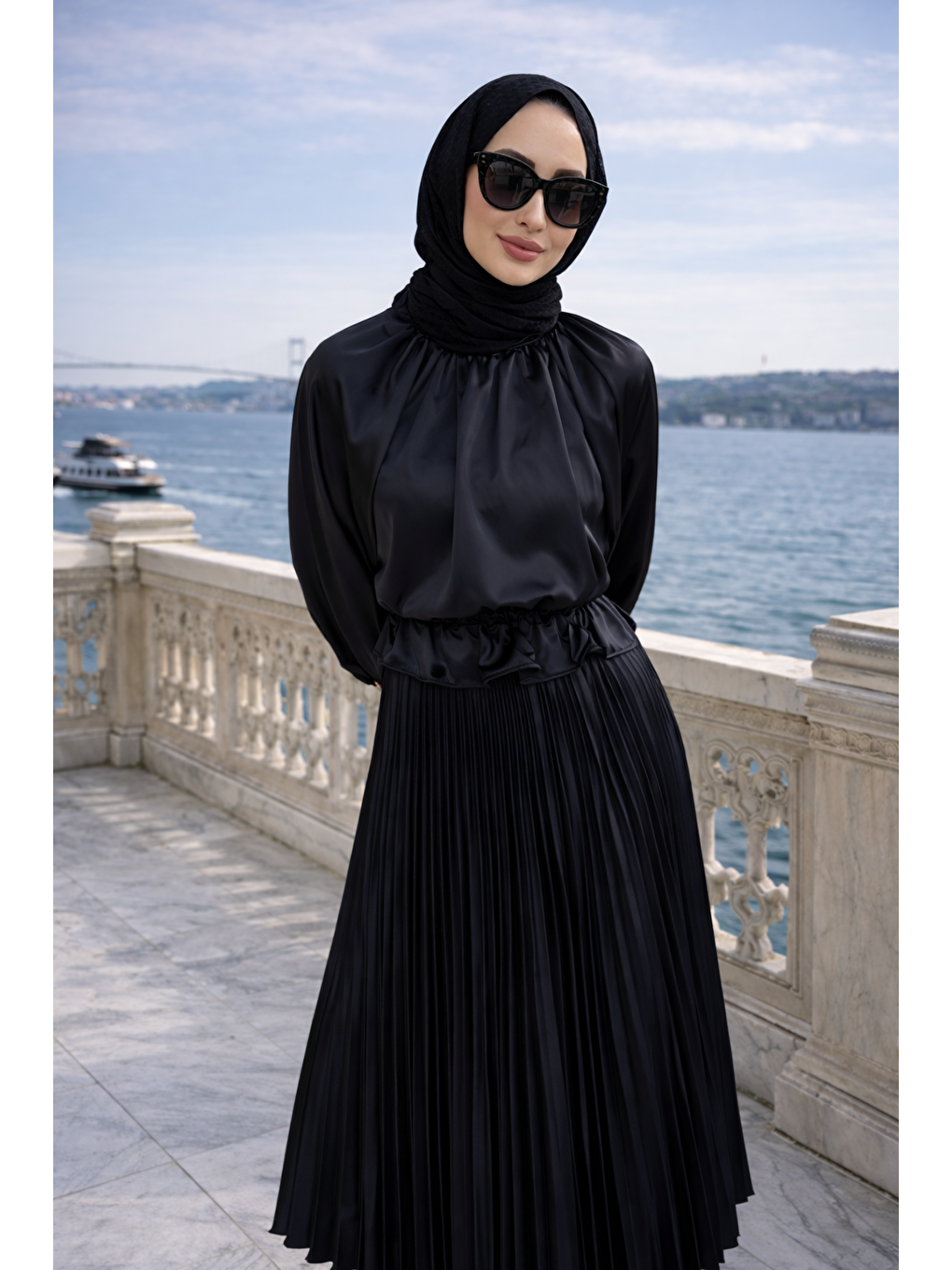 Kadın Premium Pileli Siyah Uzun Tesettür Etek-1