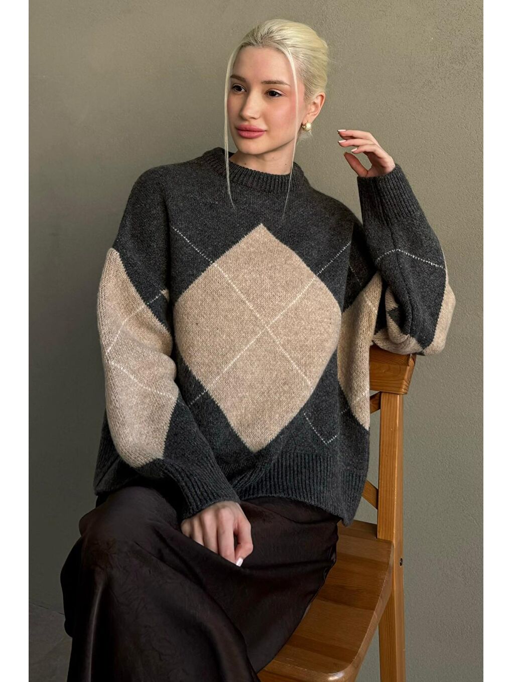 Antrasit Baklava Desenli Bisiklet Yaka Triko Kadın Kazak Mg2644