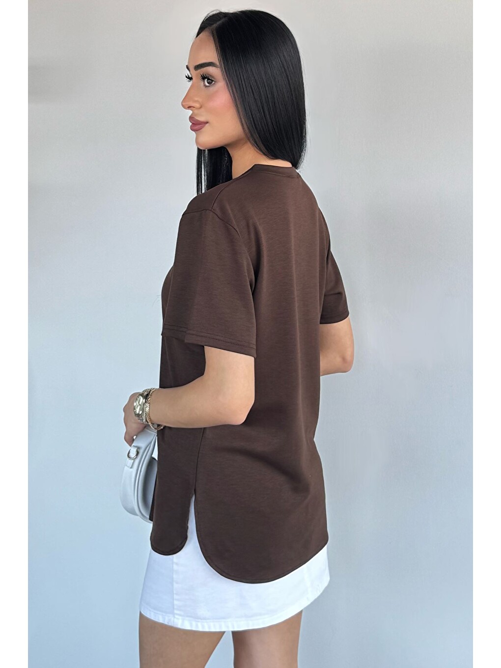 Kahverengi Kadın Bisiklet Yaka Basic Tişört-3