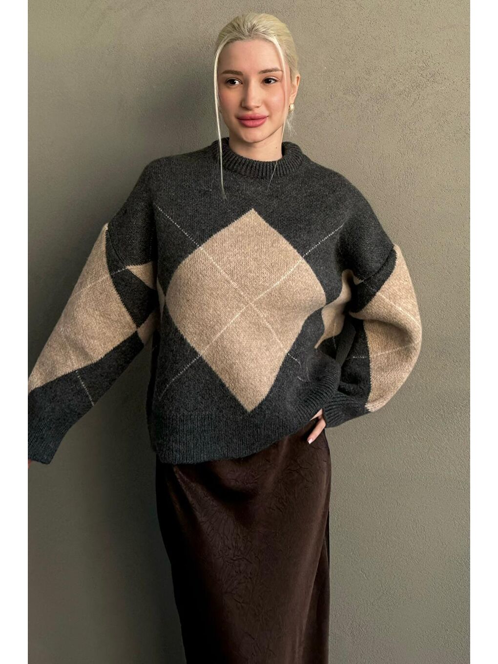 Antrasit Baklava Desenli Bisiklet Yaka Triko Kadın Kazak Mg2644-1