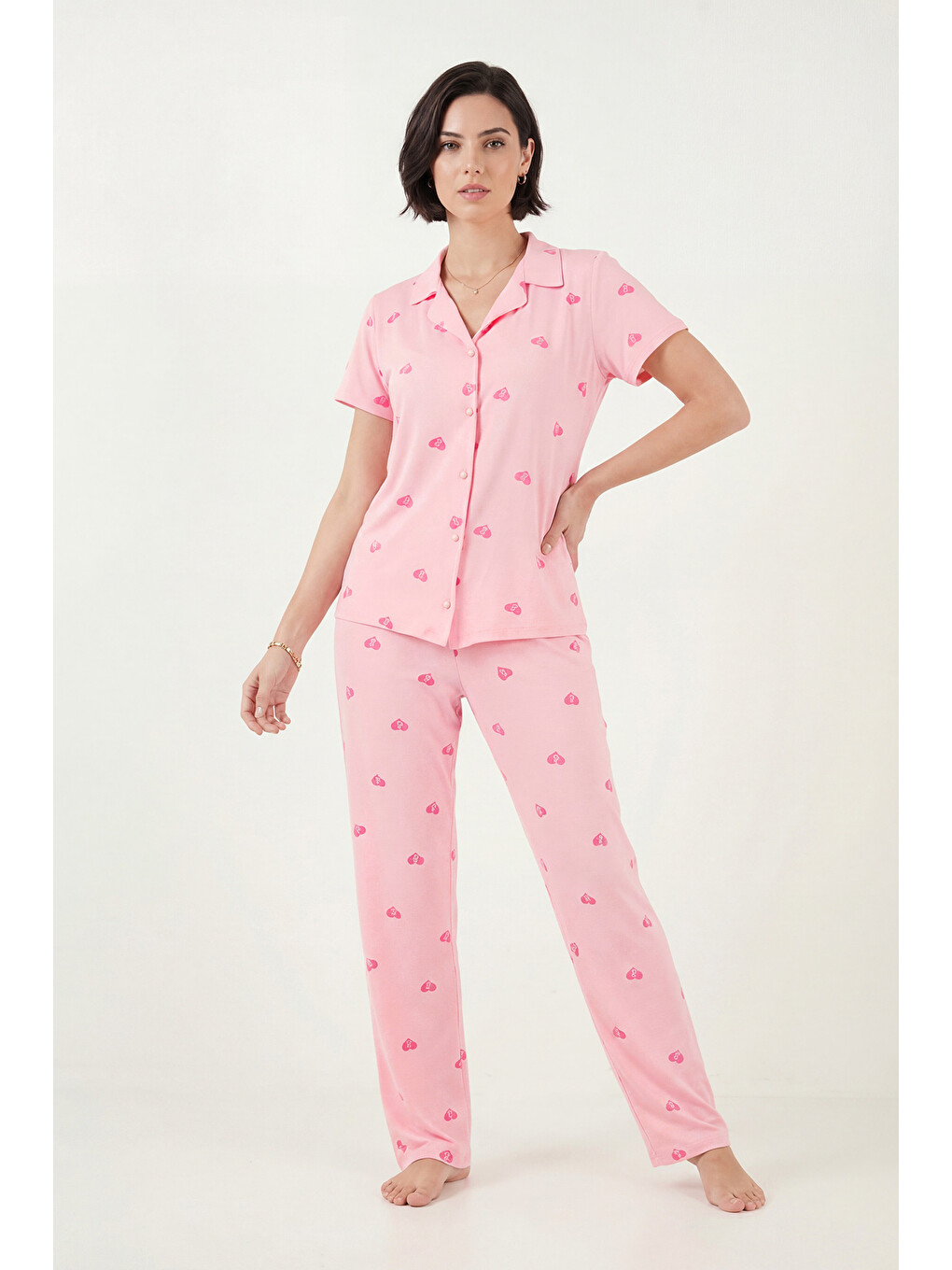 Pembe Desenli Yumuşak Dokulu Regular Fit Düğmeli Kısa Kollu Kadın Pijama Takımı 65750101Y-5
