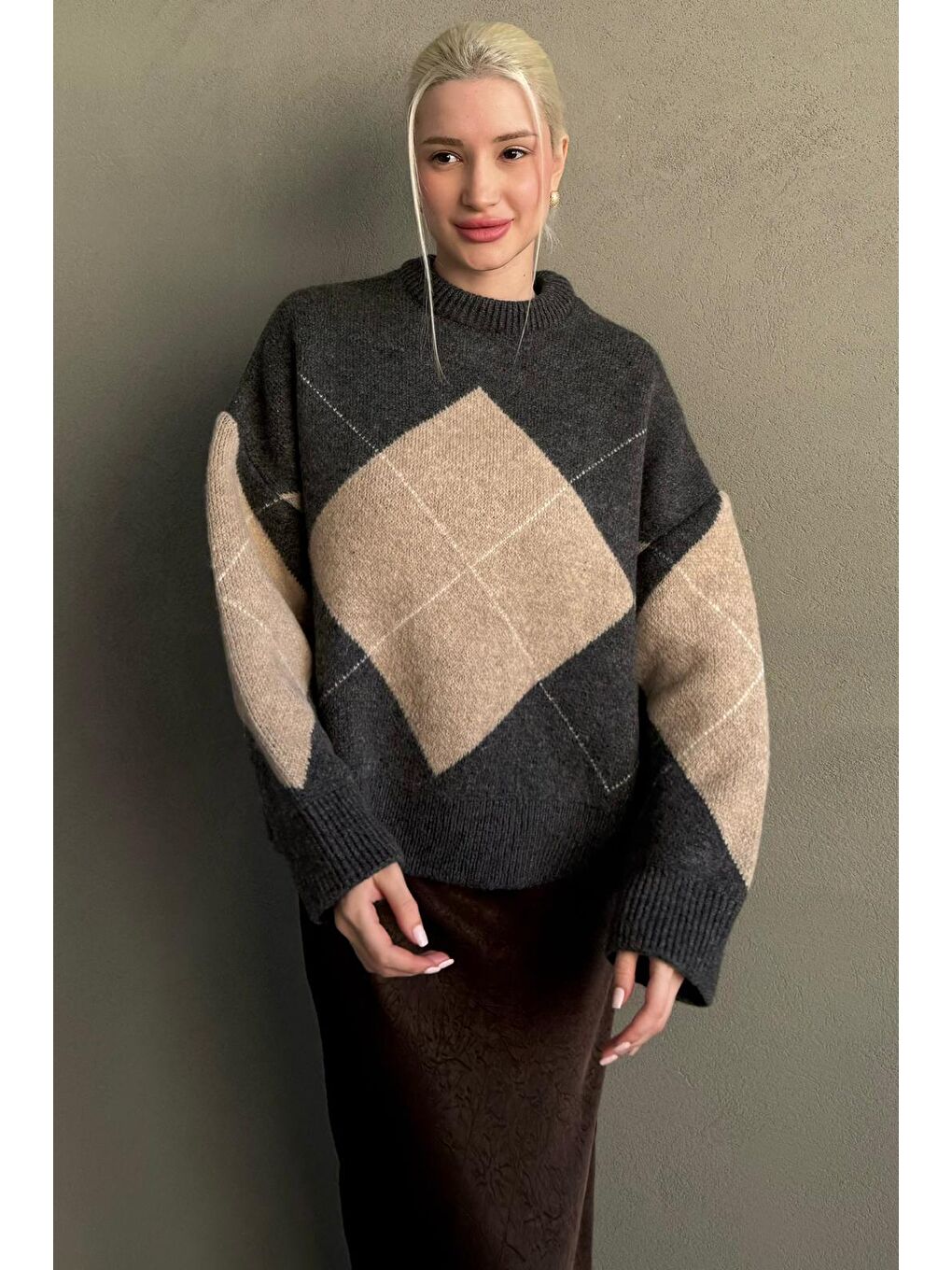 Antrasit Baklava Desenli Bisiklet Yaka Triko Kadın Kazak Mg2644-2