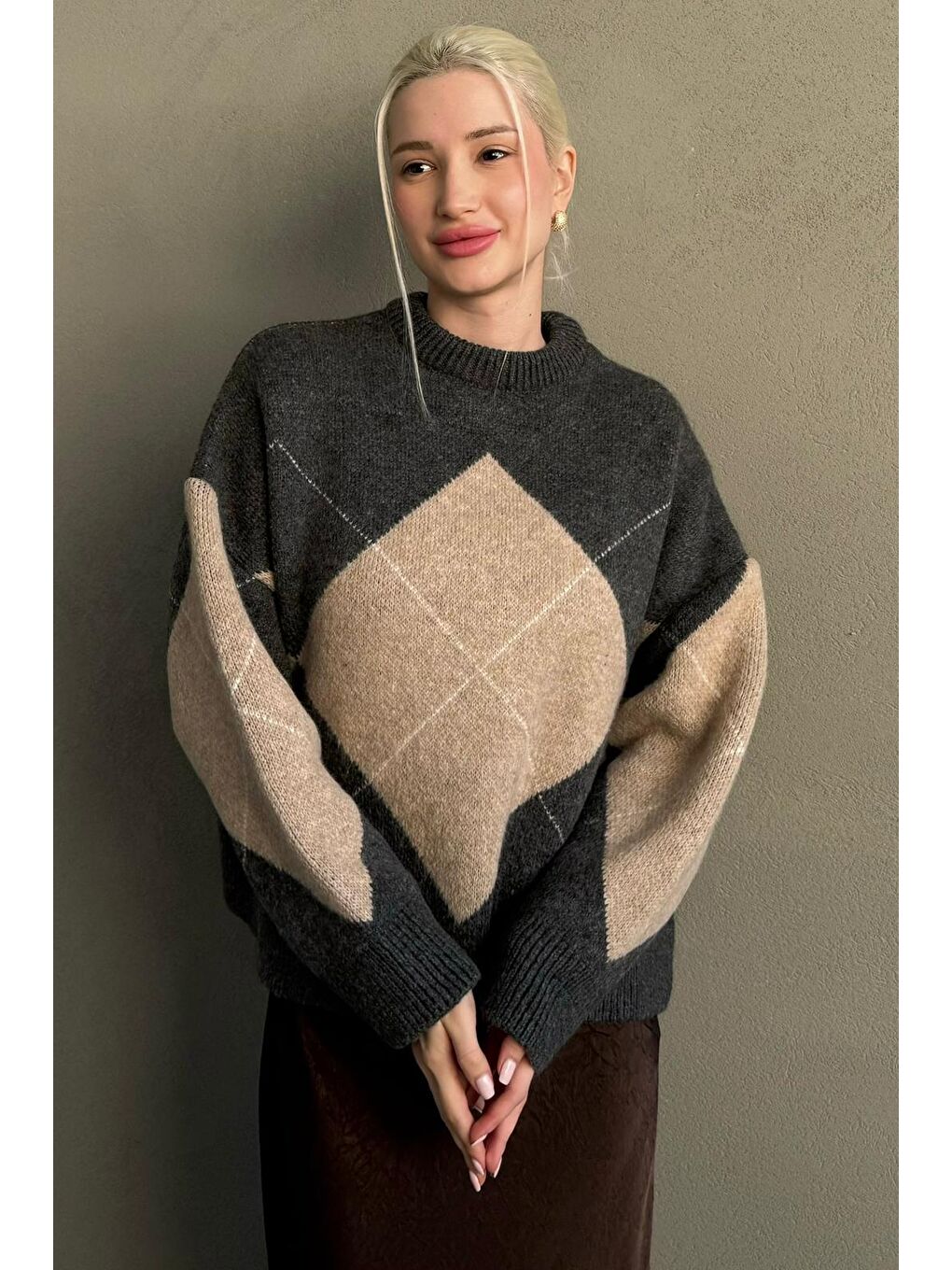 Antrasit Baklava Desenli Bisiklet Yaka Triko Kadın Kazak Mg2644-3