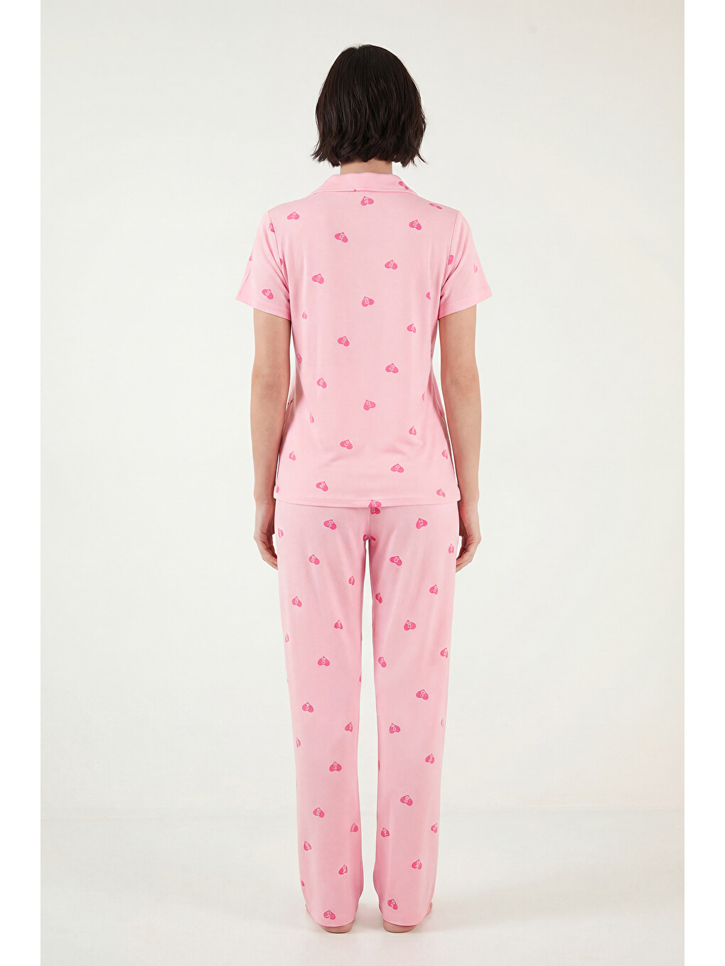 Pembe Desenli Yumuşak Dokulu Regular Fit Düğmeli Kısa Kollu Kadın Pijama Takımı 65750101Y-6