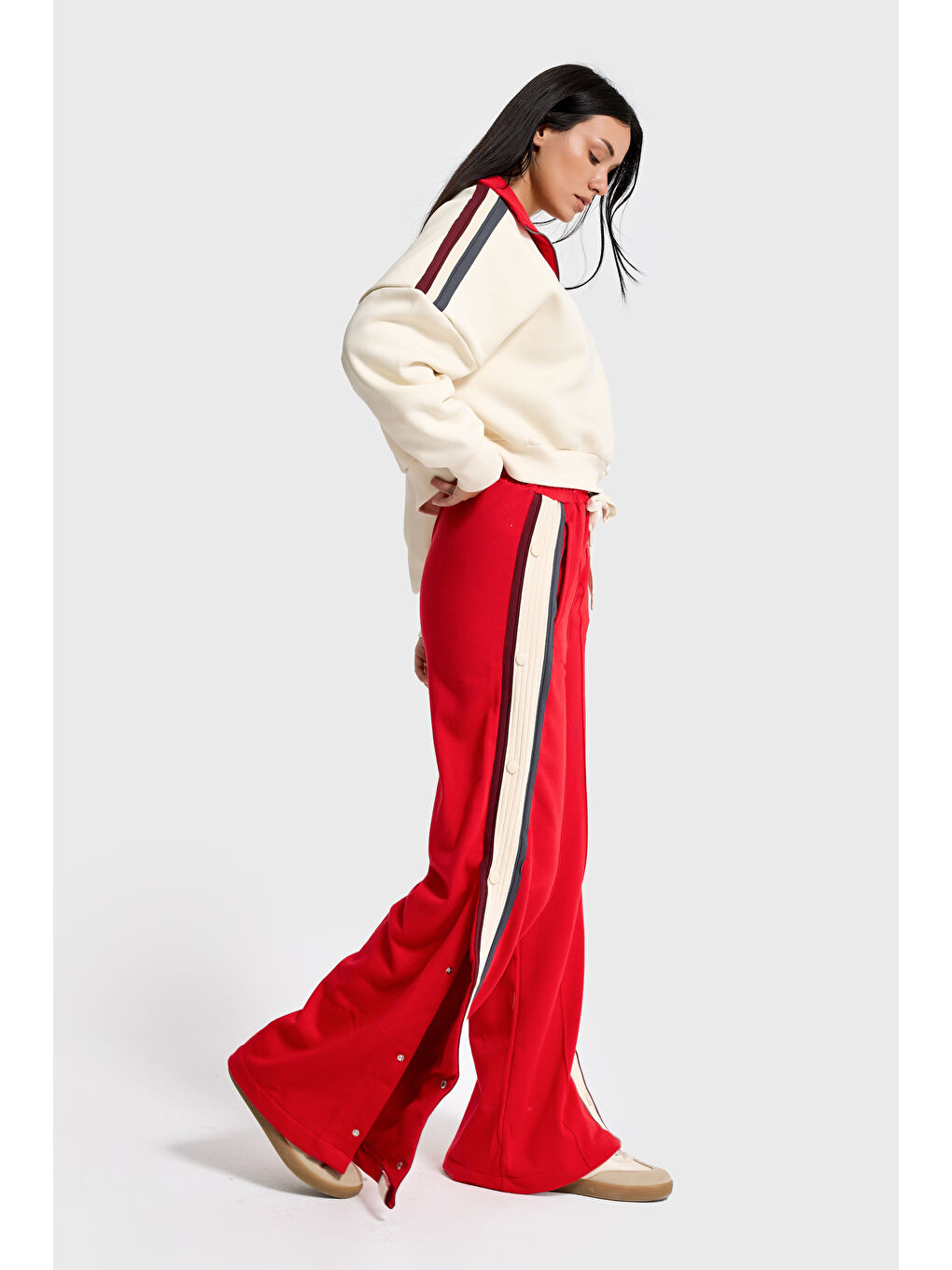 Kadın Kırmızı Bej w5-105 Sweatshirt Eşofman Pantolon 2'li Tasarım Takım-4