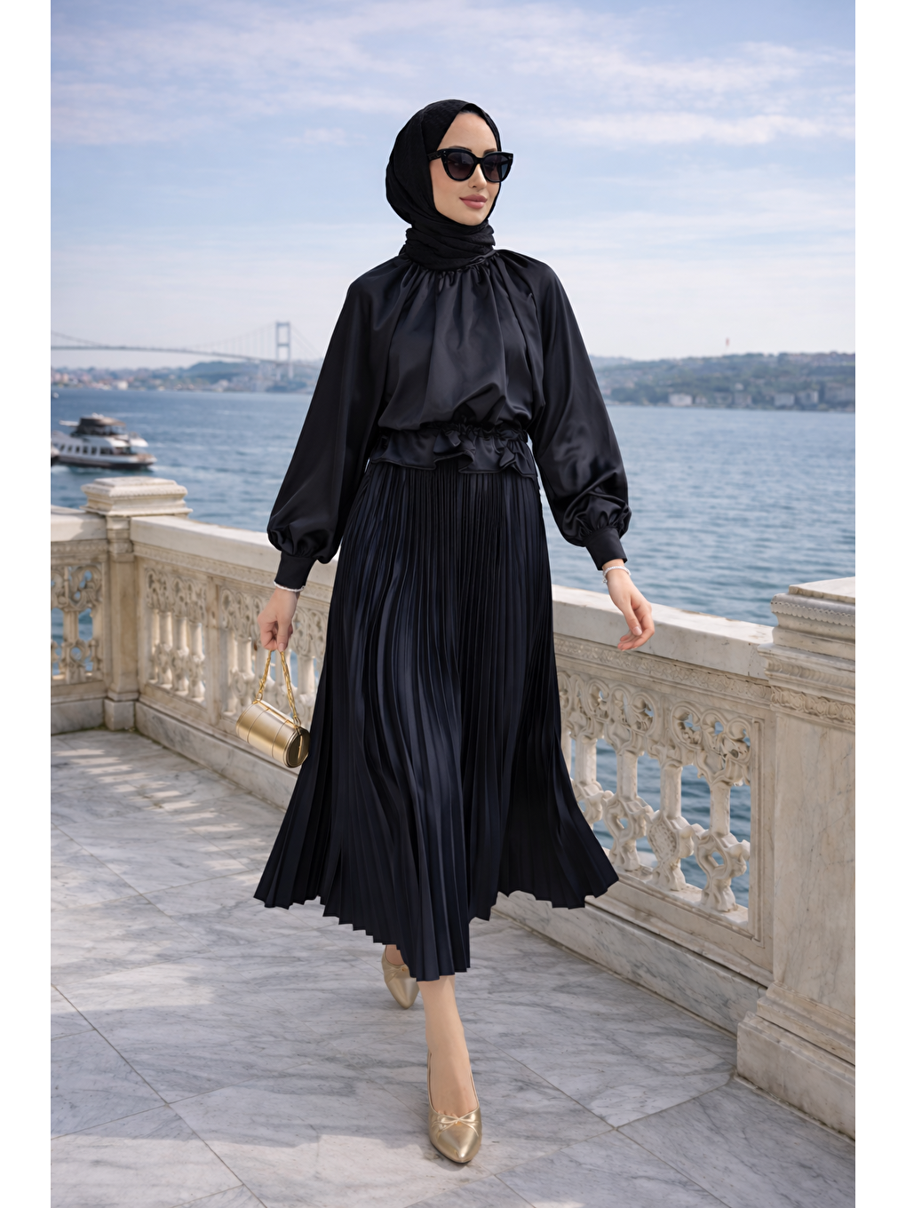 Kadın Premium Pileli Siyah Uzun Tesettür Etek-2