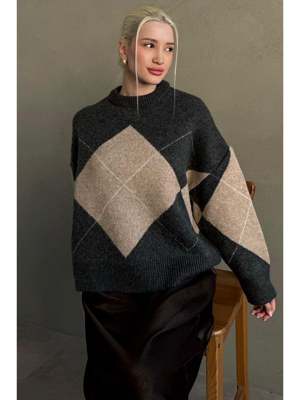 Antrasit Baklava Desenli Bisiklet Yaka Triko Kadın Kazak Mg2644-4