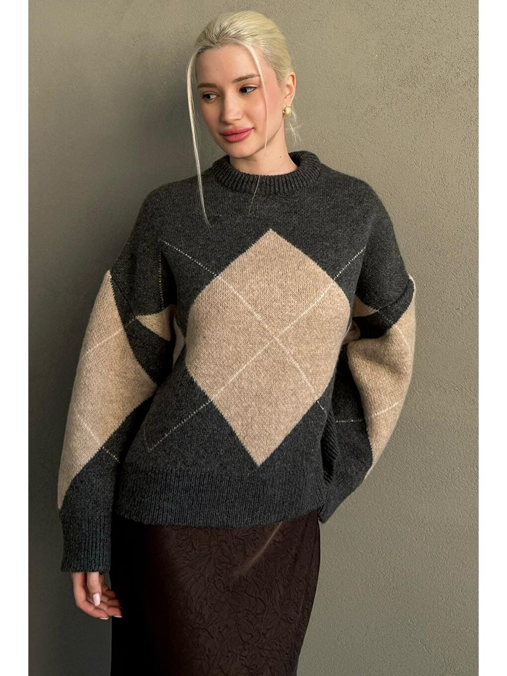 Antrasit Baklava Desenli Bisiklet Yaka Triko Kadın Kazak Mg2644-5