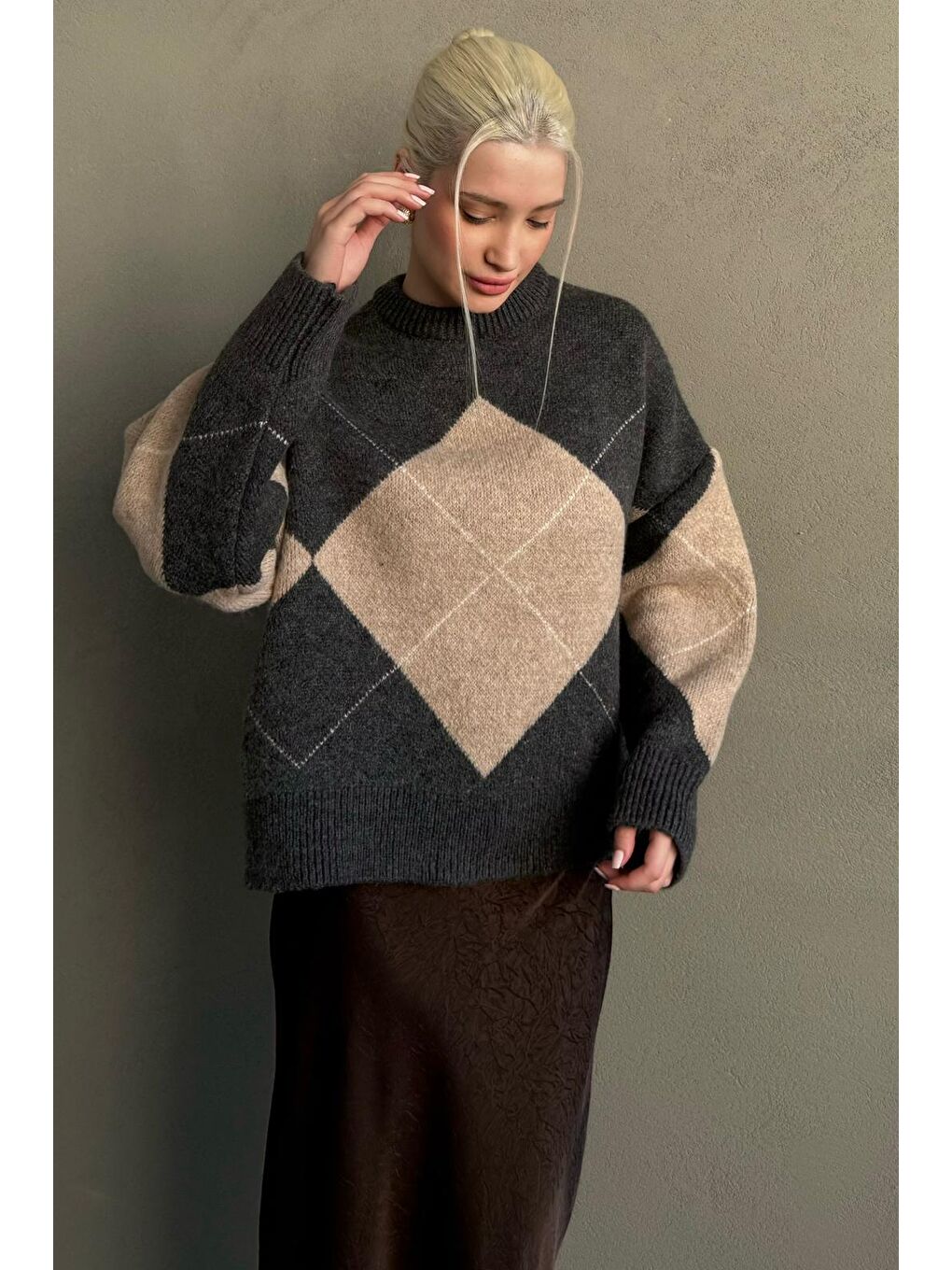 Antrasit Baklava Desenli Bisiklet Yaka Triko Kadın Kazak Mg2644-6