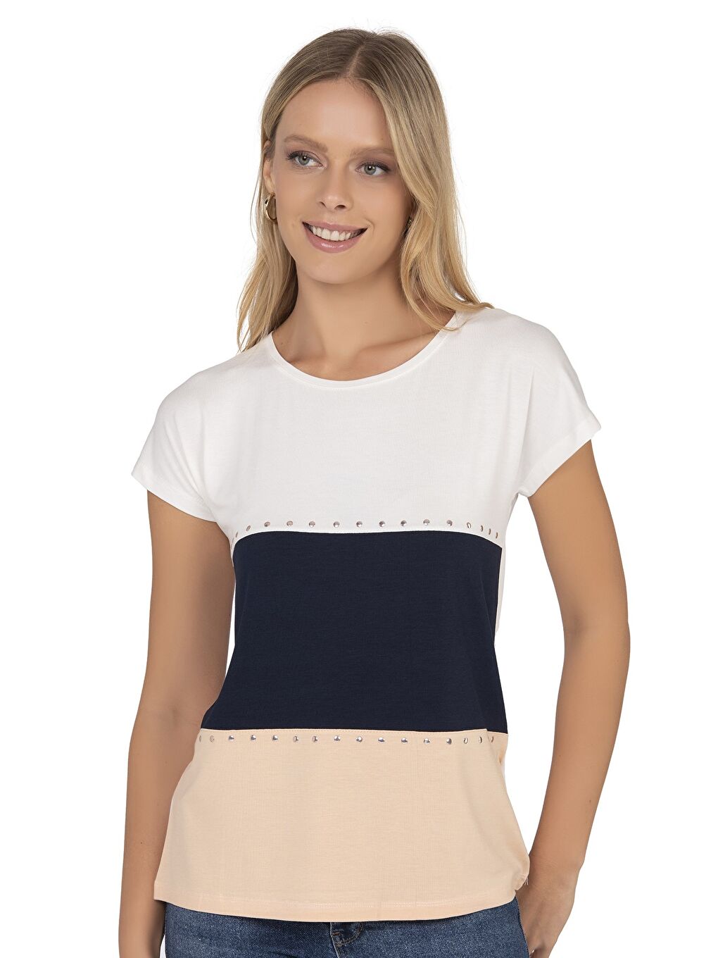 Kadın Renk Bloklu Taş Detaylı Kısa Kol Bluz | Beyaz 25874