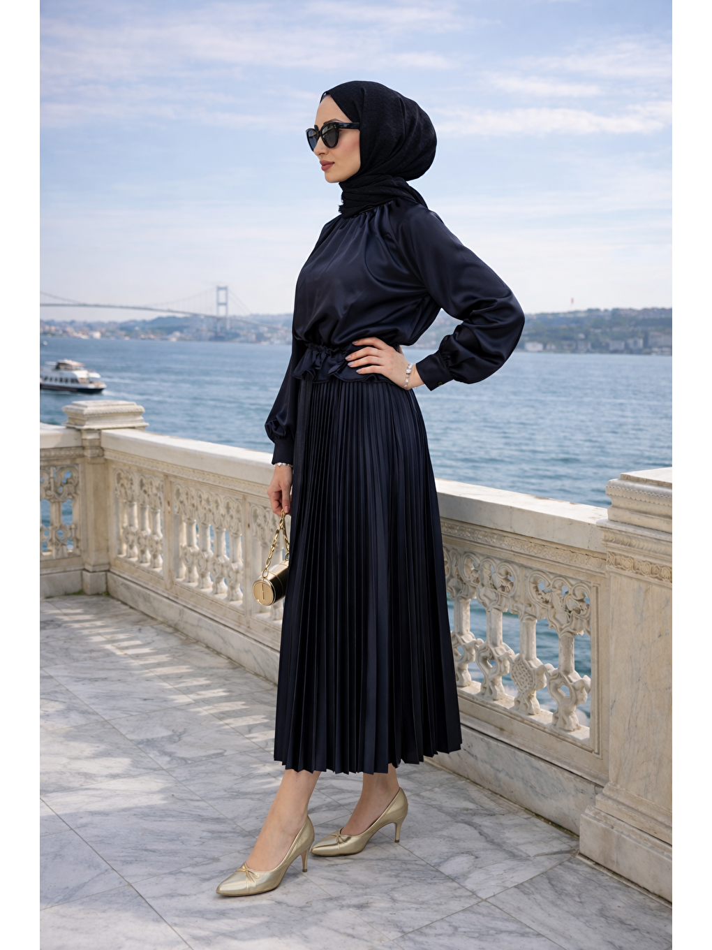 Kadın Premium Pileli Siyah Uzun Tesettür Etek-4