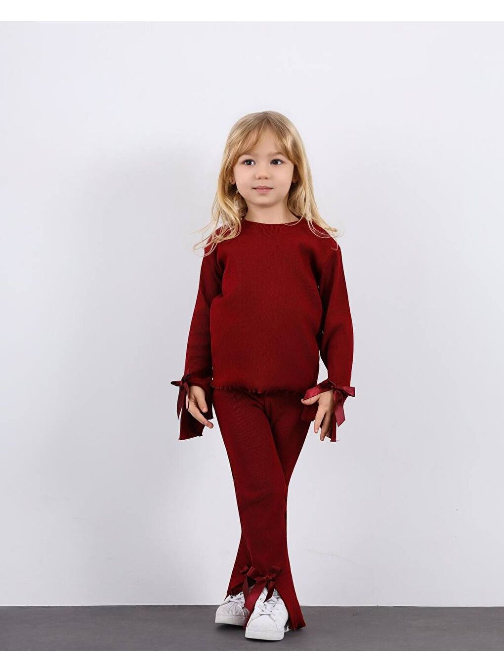 Kız Çocuk Paça Fiyonk Detaylı Kaşkorse Alt Üst Takım Bordo