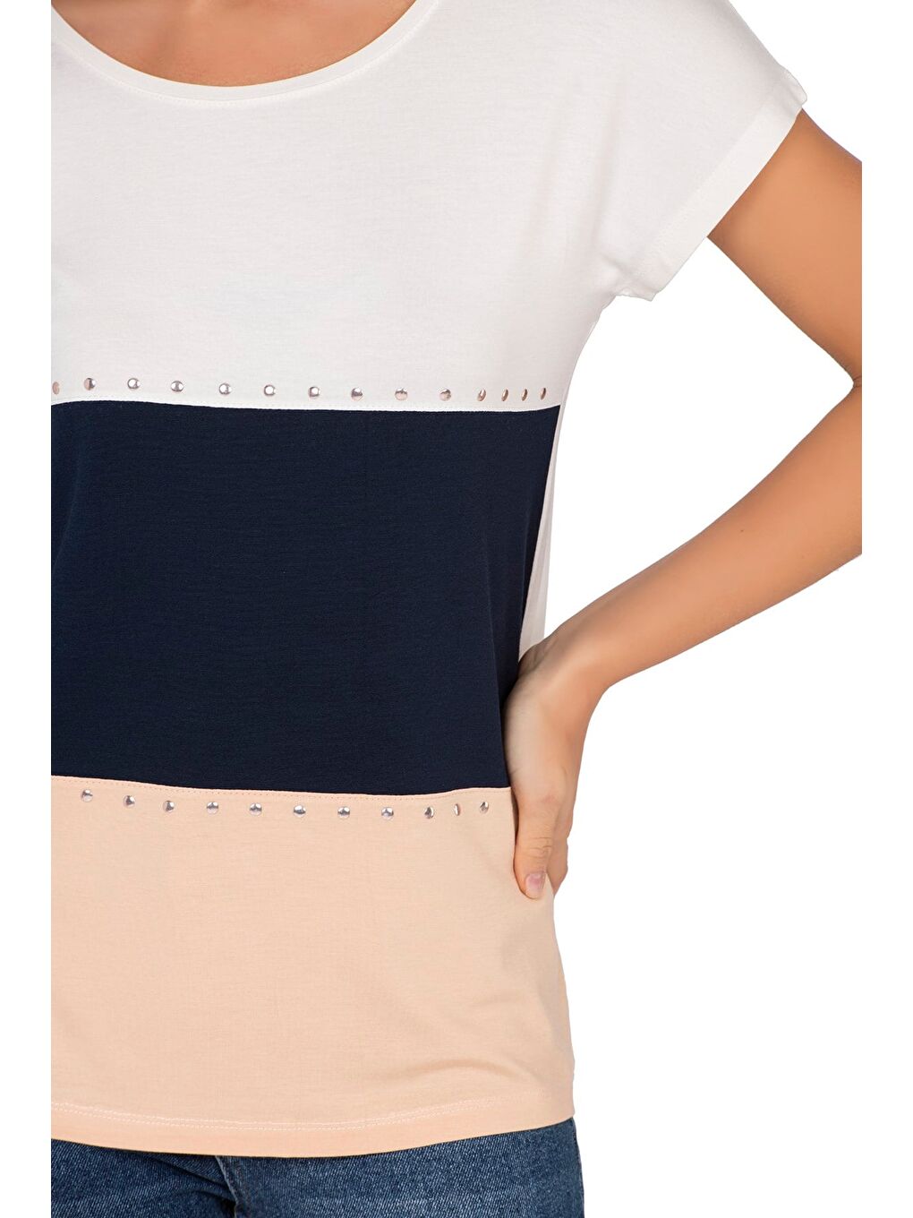 Kadın Renk Bloklu Taş Detaylı Kısa Kol Bluz | Beyaz 25874-1