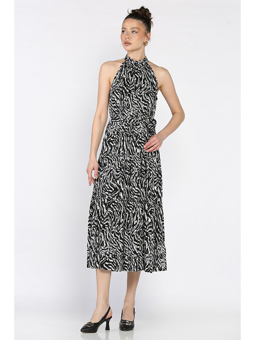 Siyah Bel Lastikli Kemerli Kadın Elbise-1