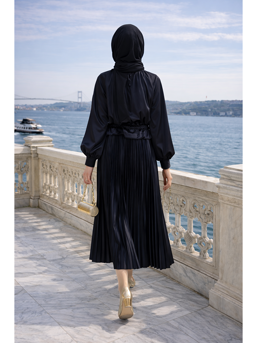 Kadın Premium Pileli Siyah Uzun Tesettür Etek-5