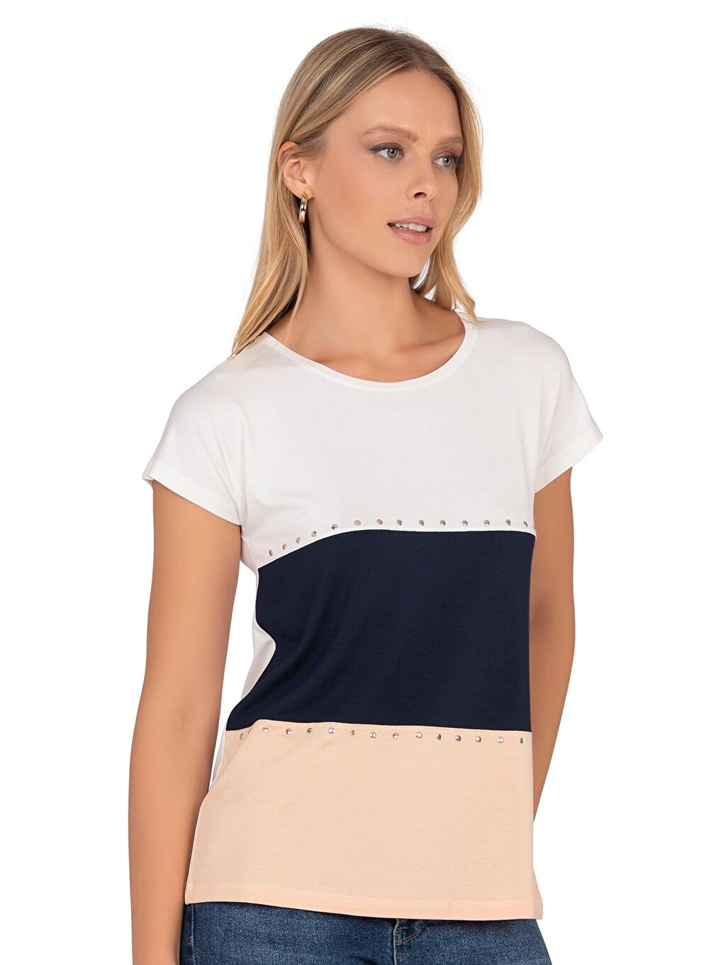 Kadın Renk Bloklu Taş Detaylı Kısa Kol Bluz | Beyaz 25874-2