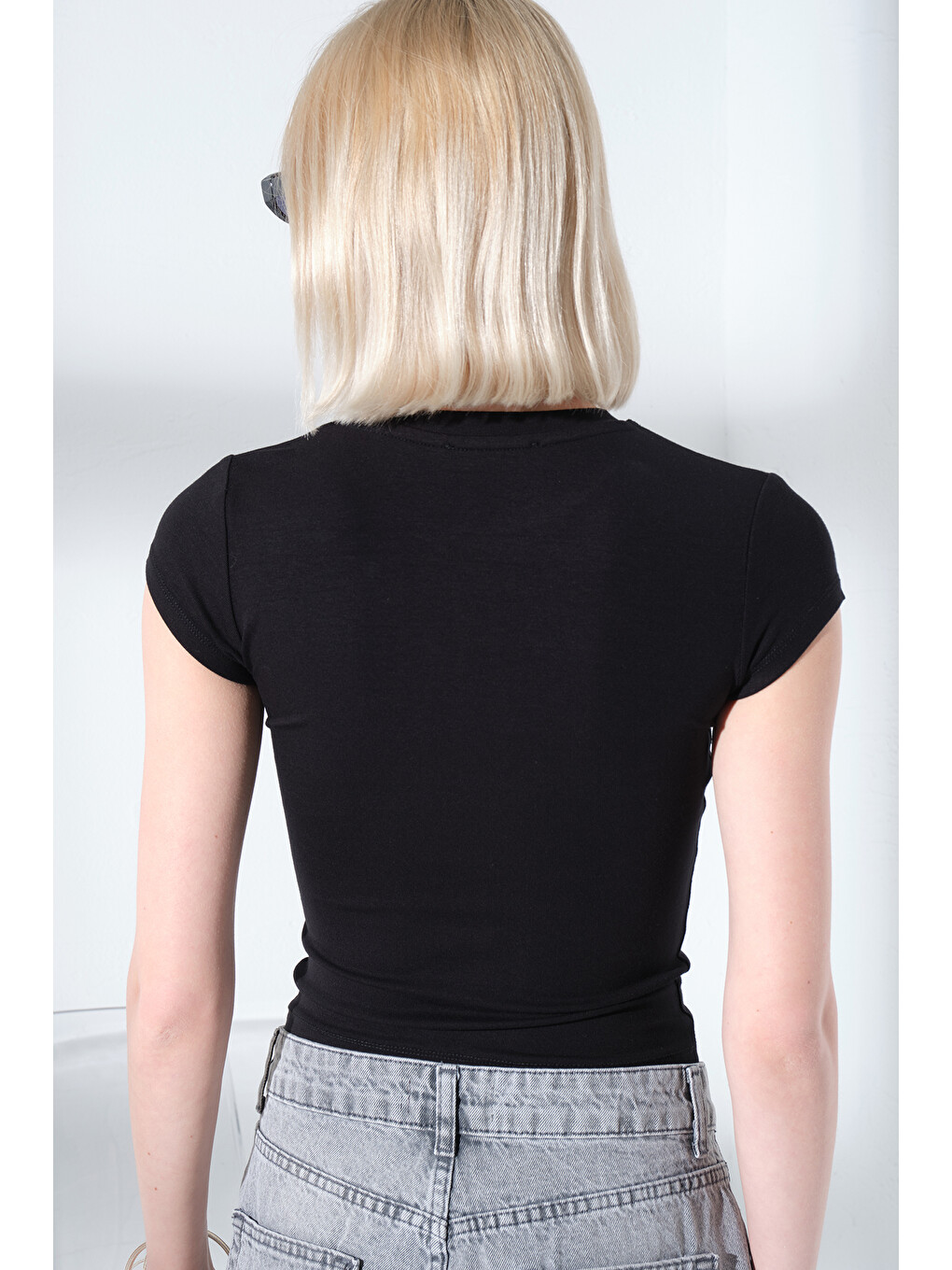 Siyah Bisiklet Yaka Soft Touch Premium Ay Kol Örme Body Bluz @Adige-4