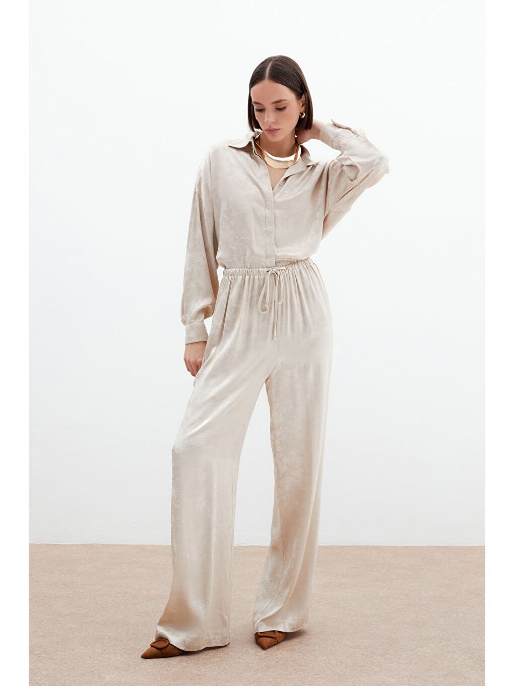 Jakarlı Saten Pantolon - Bej-1