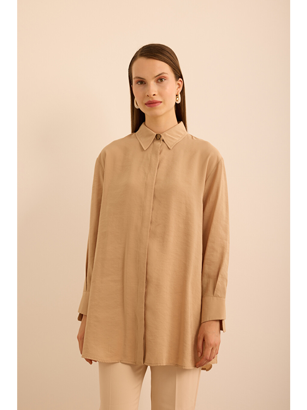 Kahverengi Camel Basic Modal Tunik-1