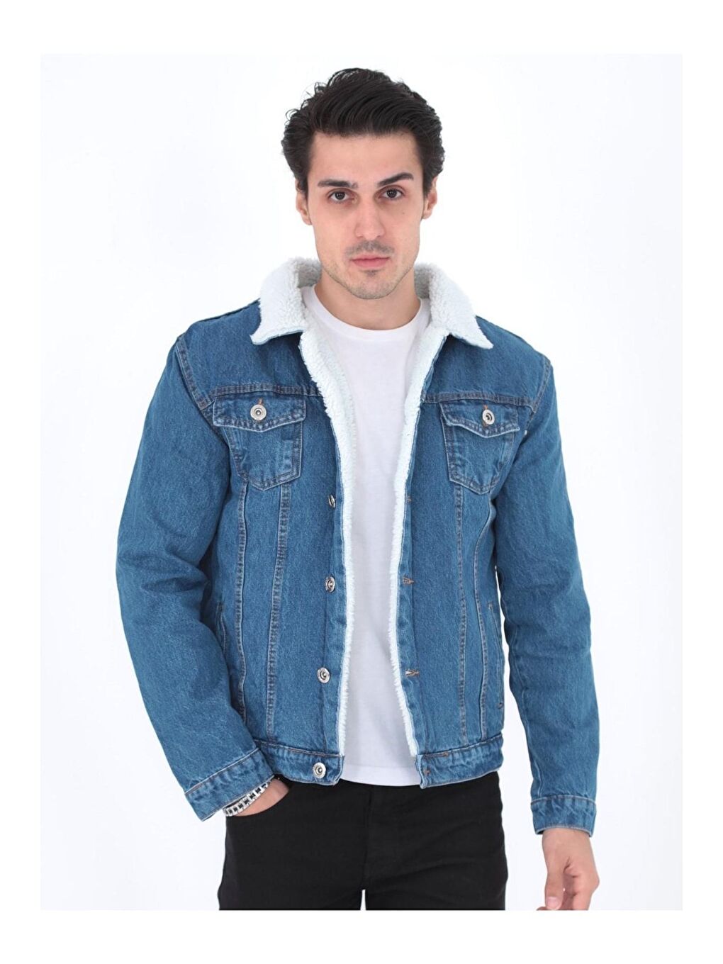 Erkek Trend Kışlık Içi Kürklü Jean Ceket Lacivert