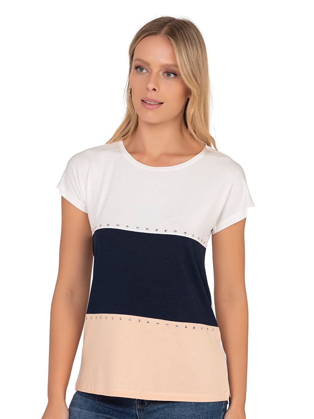 Kadın Renk Bloklu Taş Detaylı Kısa Kol Bluz | Beyaz 25874-3