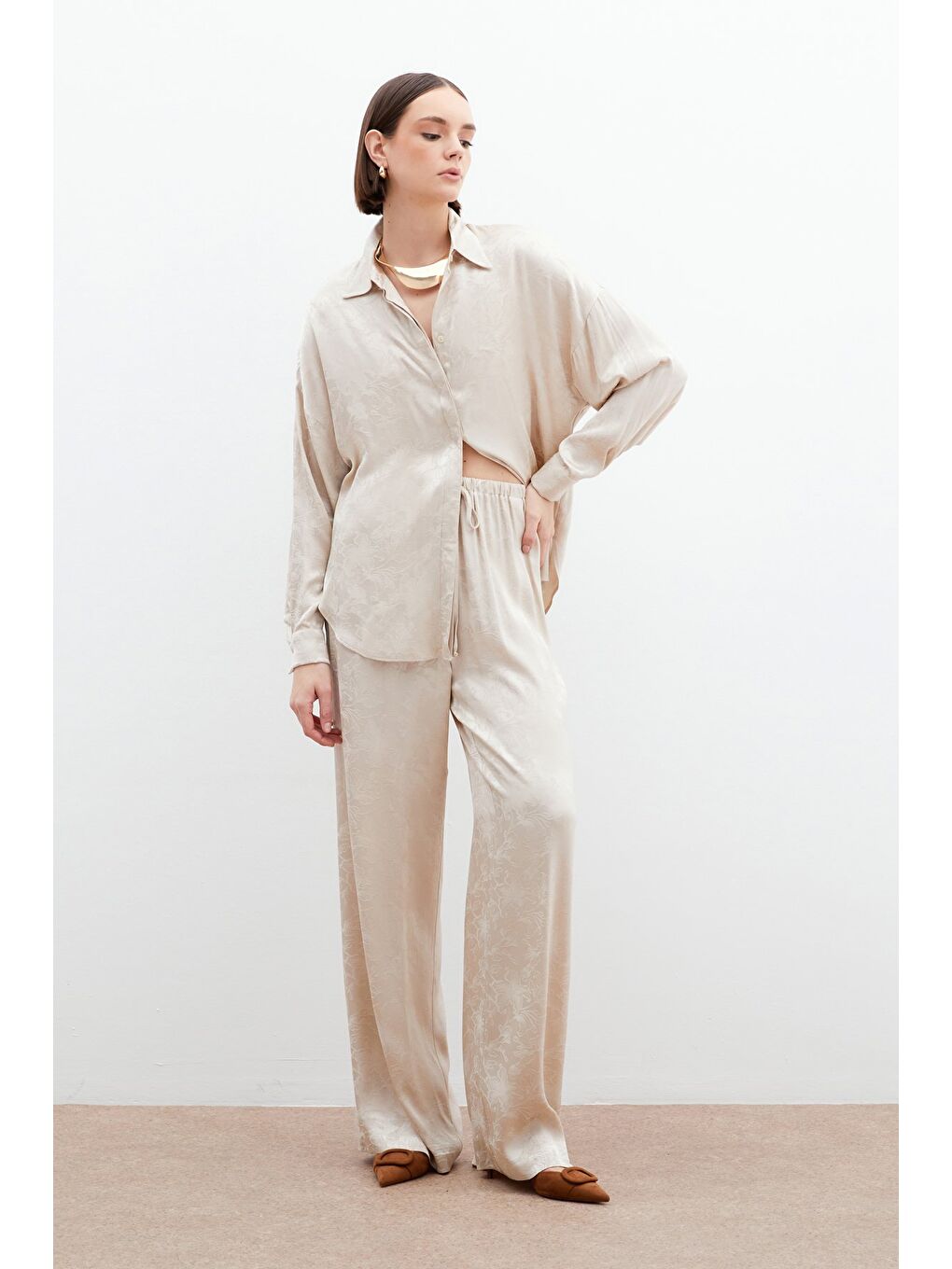 Jakarlı Saten Pantolon - Bej-2