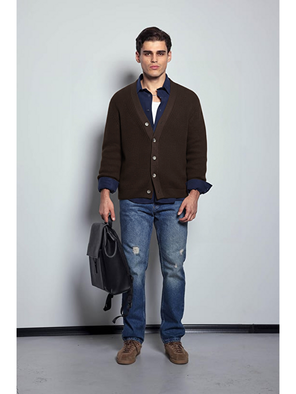 Erkek Oversize Düğmeli Triko Hırka Kahverengi-1