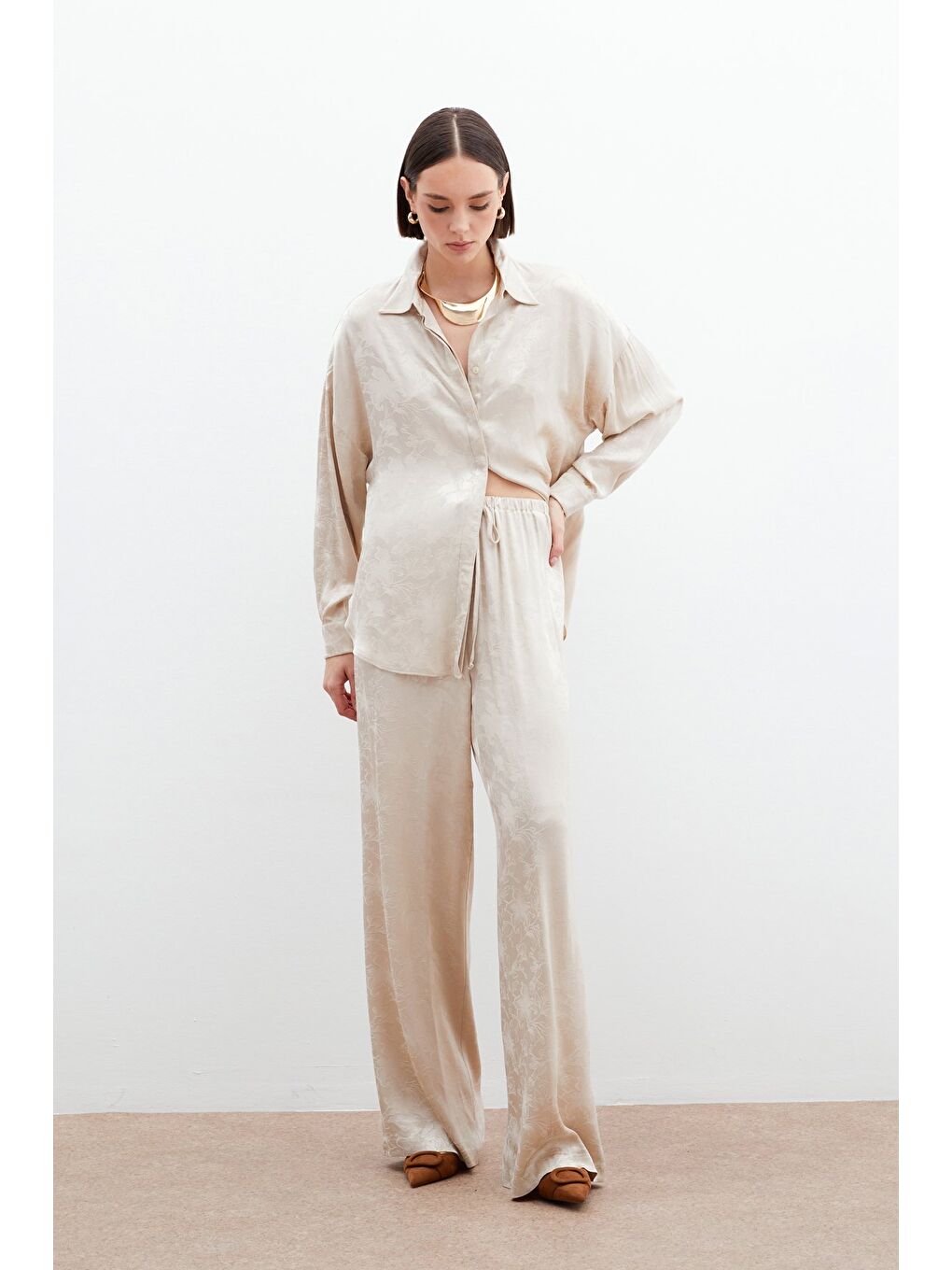 Jakarlı Saten Pantolon - Bej-3