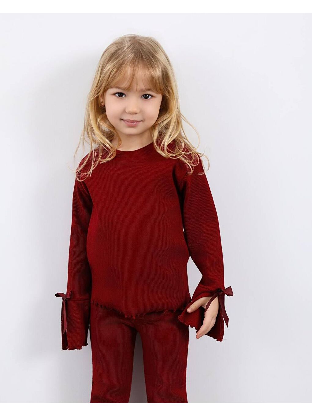 Kız Çocuk Paça Fiyonk Detaylı Kaşkorse Alt Üst Takım Bordo-1