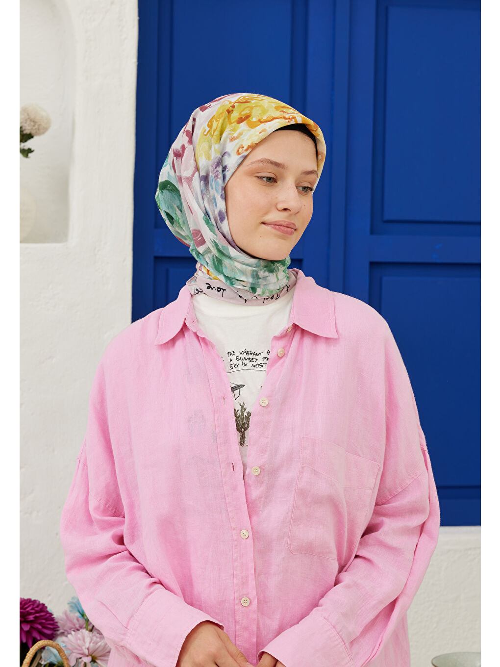 Pembe Colour Garden Desen Pamuk Vual Eşarp Pudra