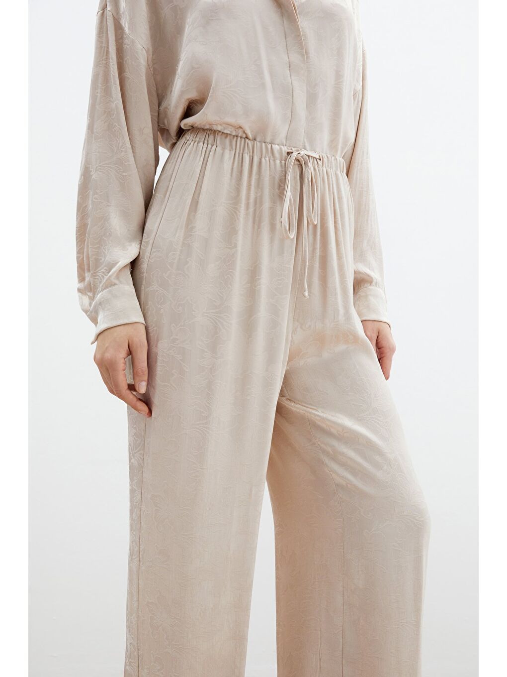 Jakarlı Saten Pantolon - Bej-4