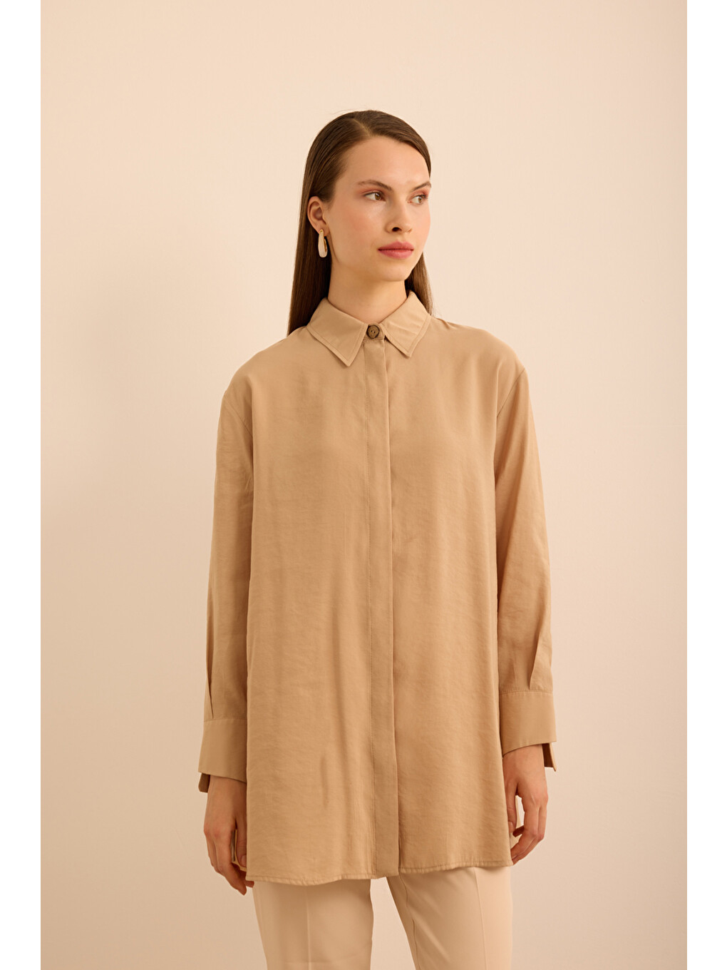 Kahverengi Camel Basic Modal Tunik-4