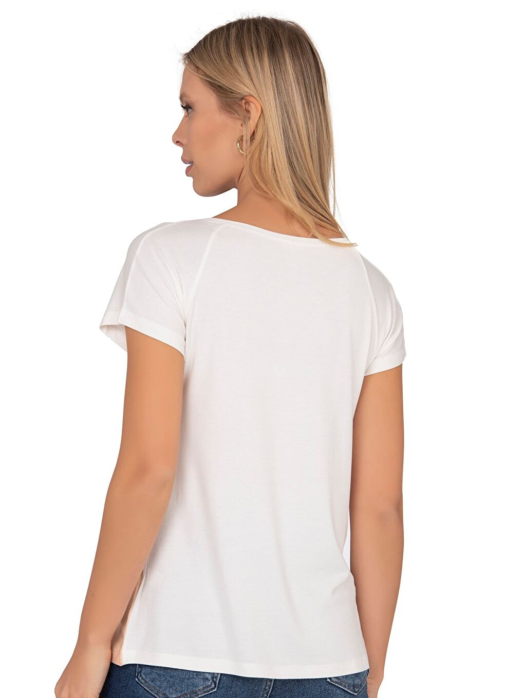 Kadın Renk Bloklu Taş Detaylı Kısa Kol Bluz | Beyaz 25874-4