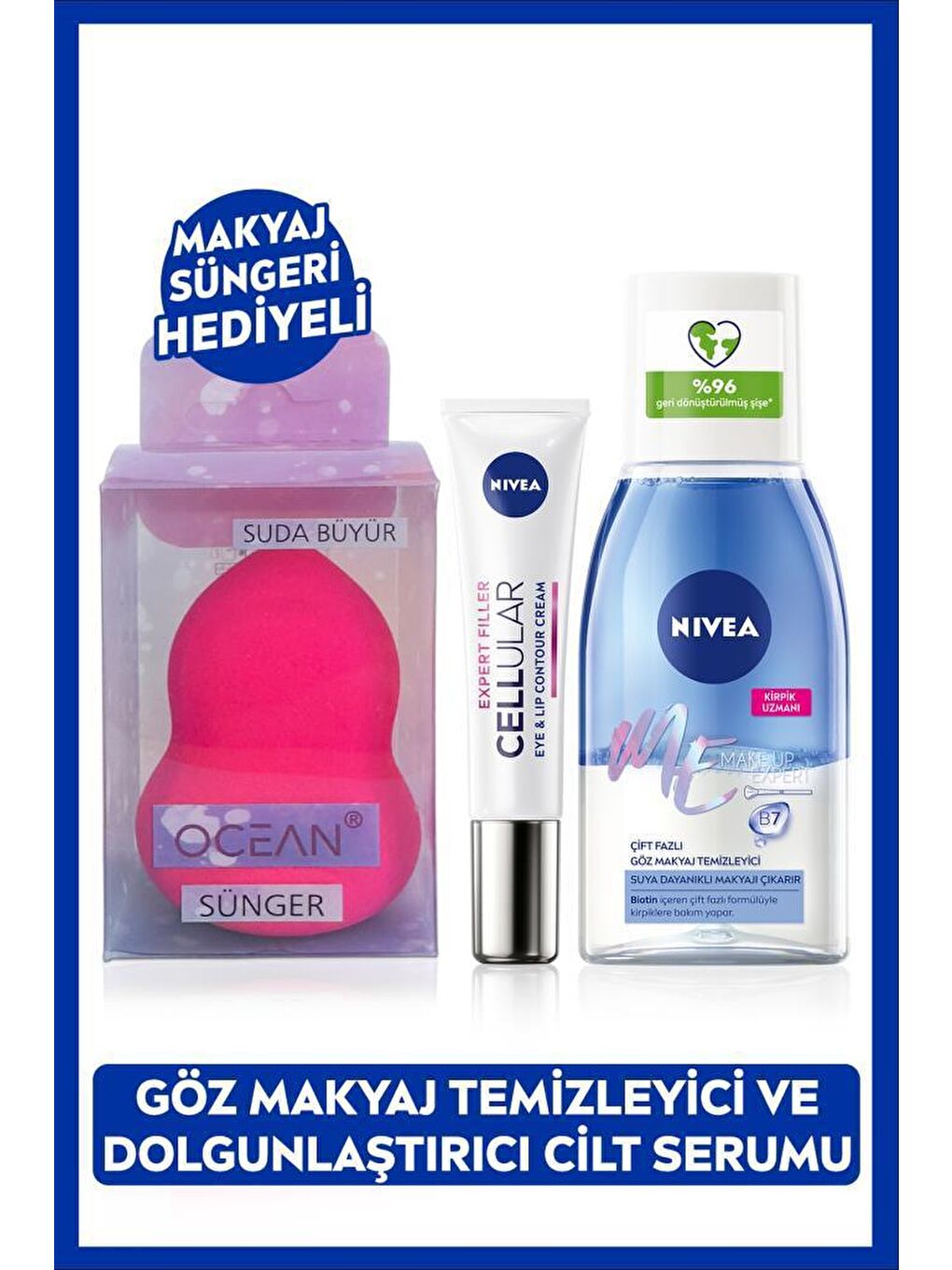 NIVEA Çift Etkili Göz Makyaj Temizleyici 125 ml ve Cellular Göz Bakım Kremi 15 ml, Makyaj Süngeri Hediyeli