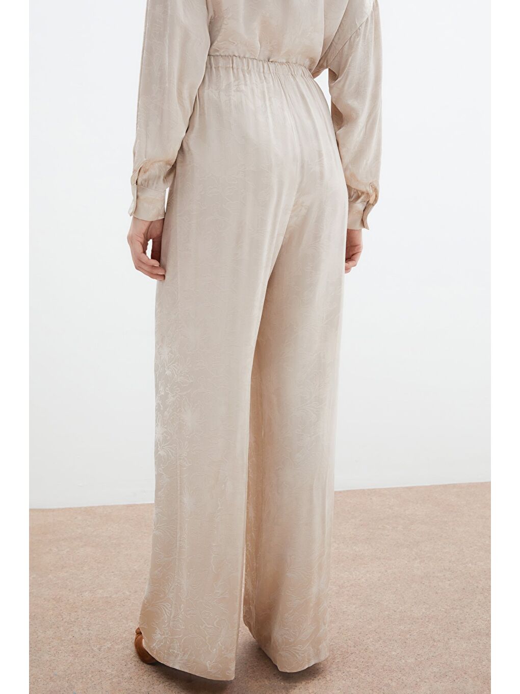 Jakarlı Saten Pantolon - Bej-6