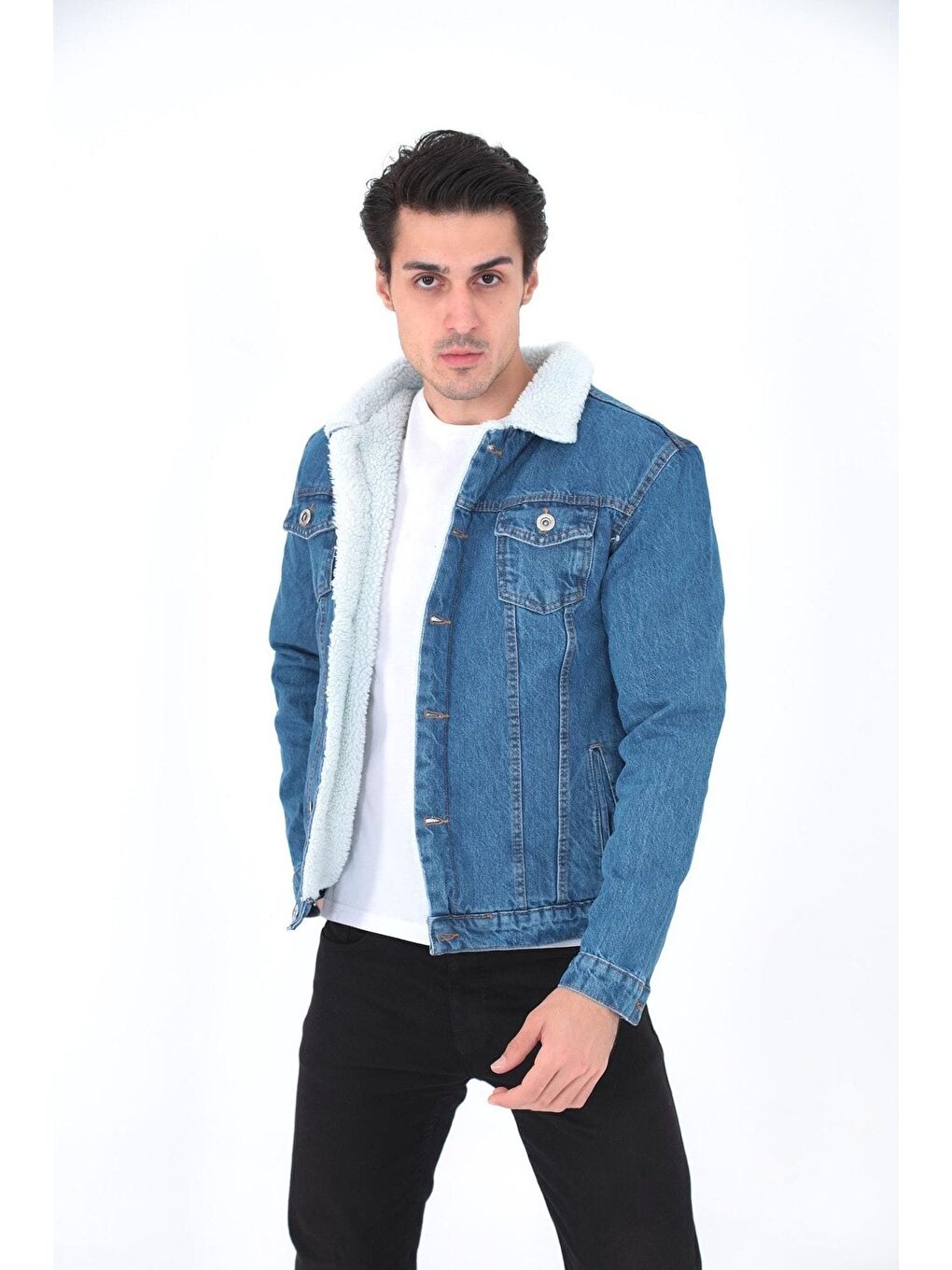 Erkek Trend Kışlık Içi Kürklü Jean Ceket Lacivert-3