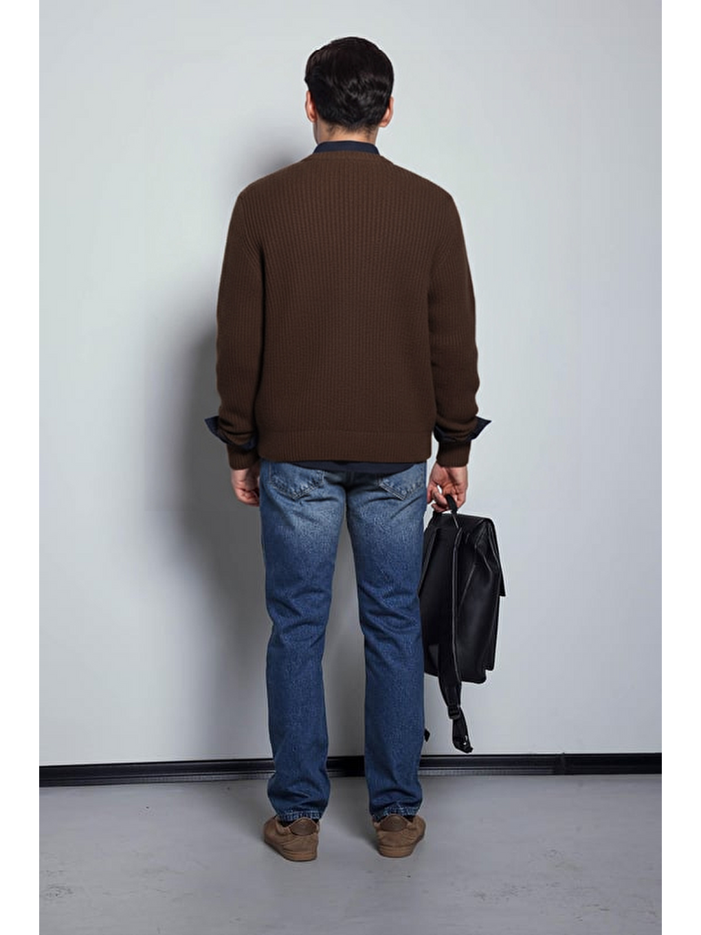 Erkek Oversize Düğmeli Triko Hırka Kahverengi-2